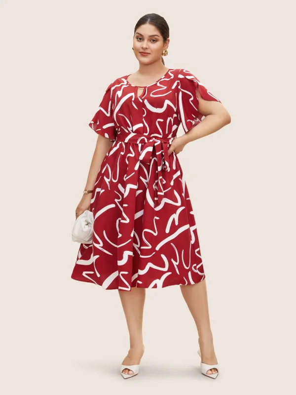 Graffiti Print Keyhole Petal Sleeve Dress sold by Bloomchic