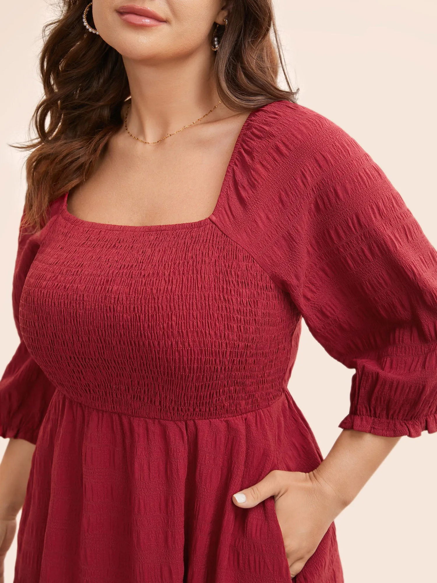 Square Neck Broderie Anglaise Patchwork Shirred Dress sold by Bloomchic product image thumbnail 4