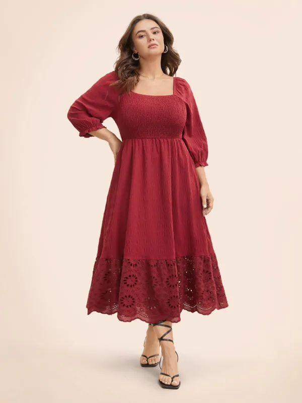 Square Neck Broderie Anglaise Patchwork Shirred Dress sold by Bloomchic