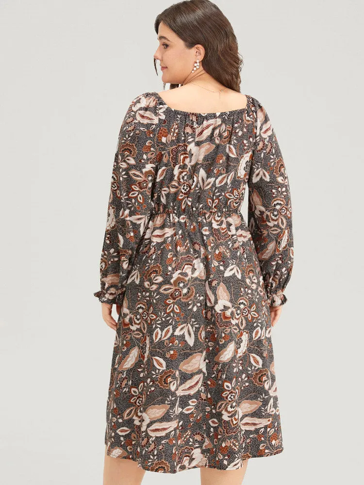 Floral Print Square Neck Gathered Flutter Trim Dress sold by Bloomchic product image thumbnail 3