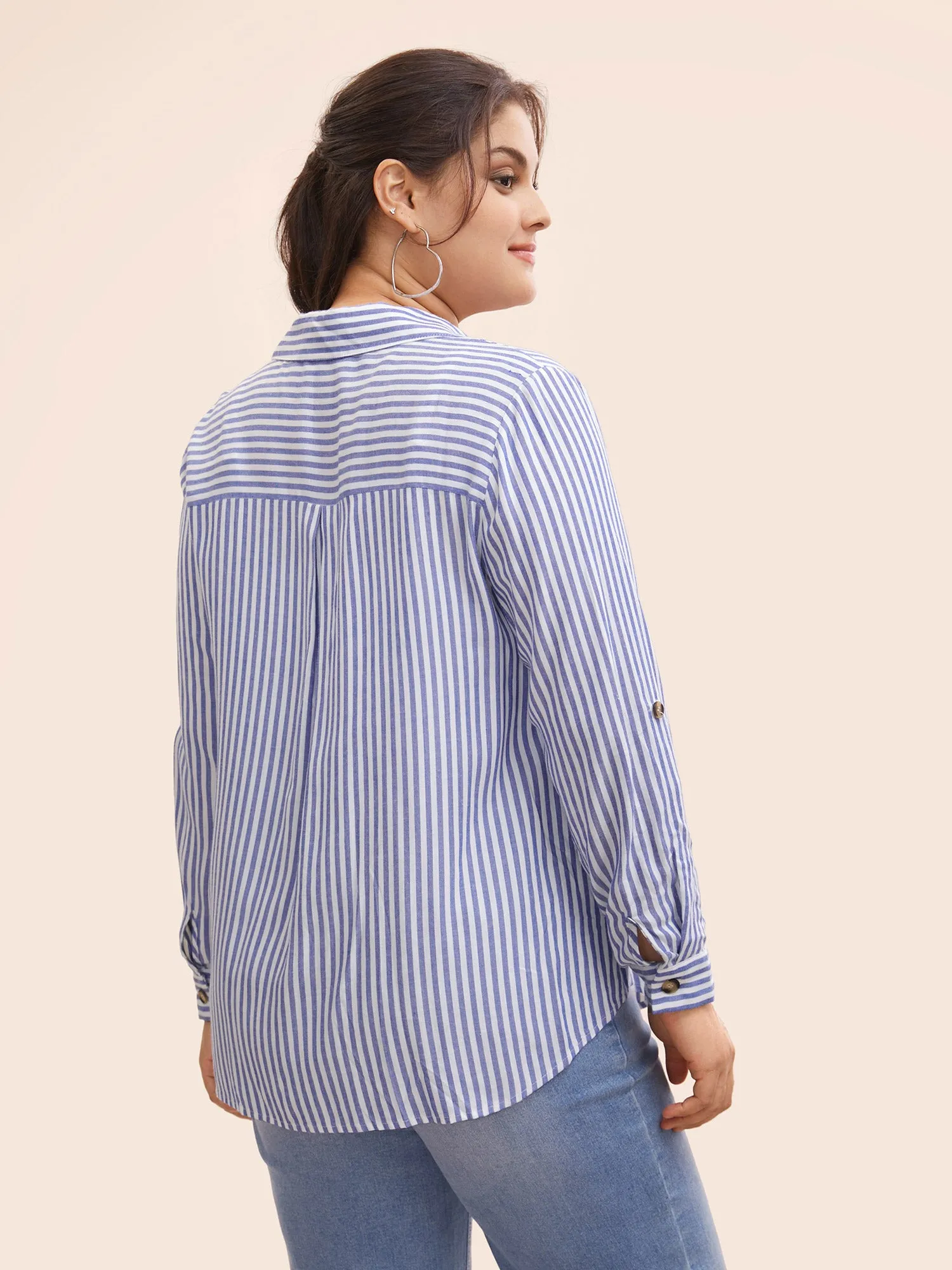 Shirt Collar Striped Tab Sleeve Blouse sold by Bloomchic product image thumbnail 4
