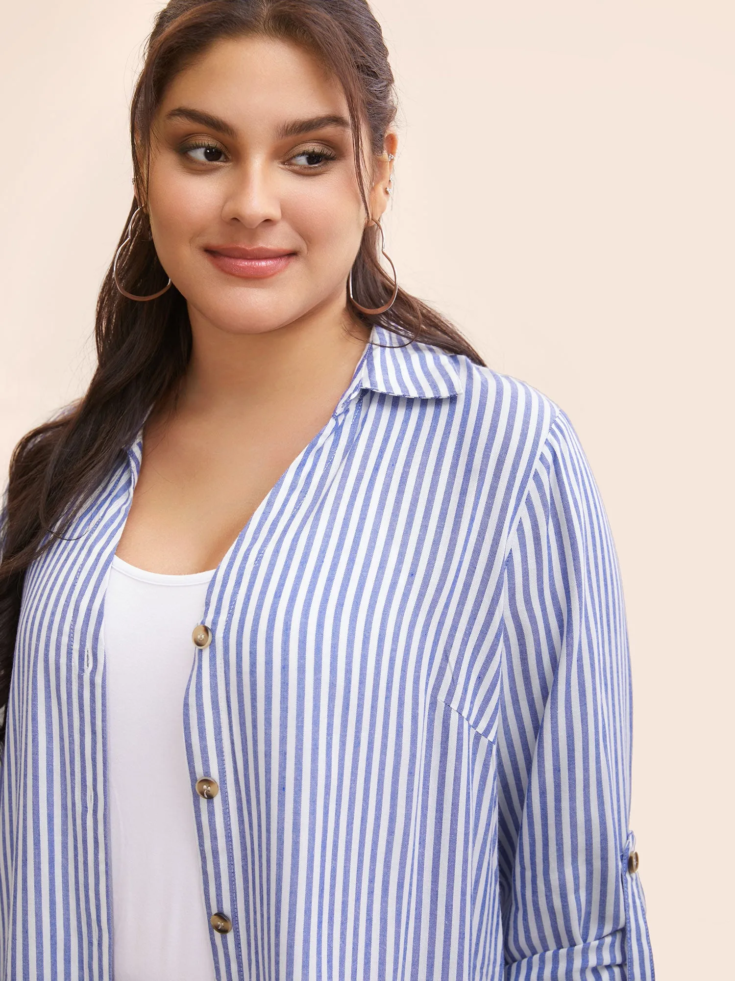 Shirt Collar Striped Tab Sleeve Blouse sold by Bloomchic product image thumbnail 3