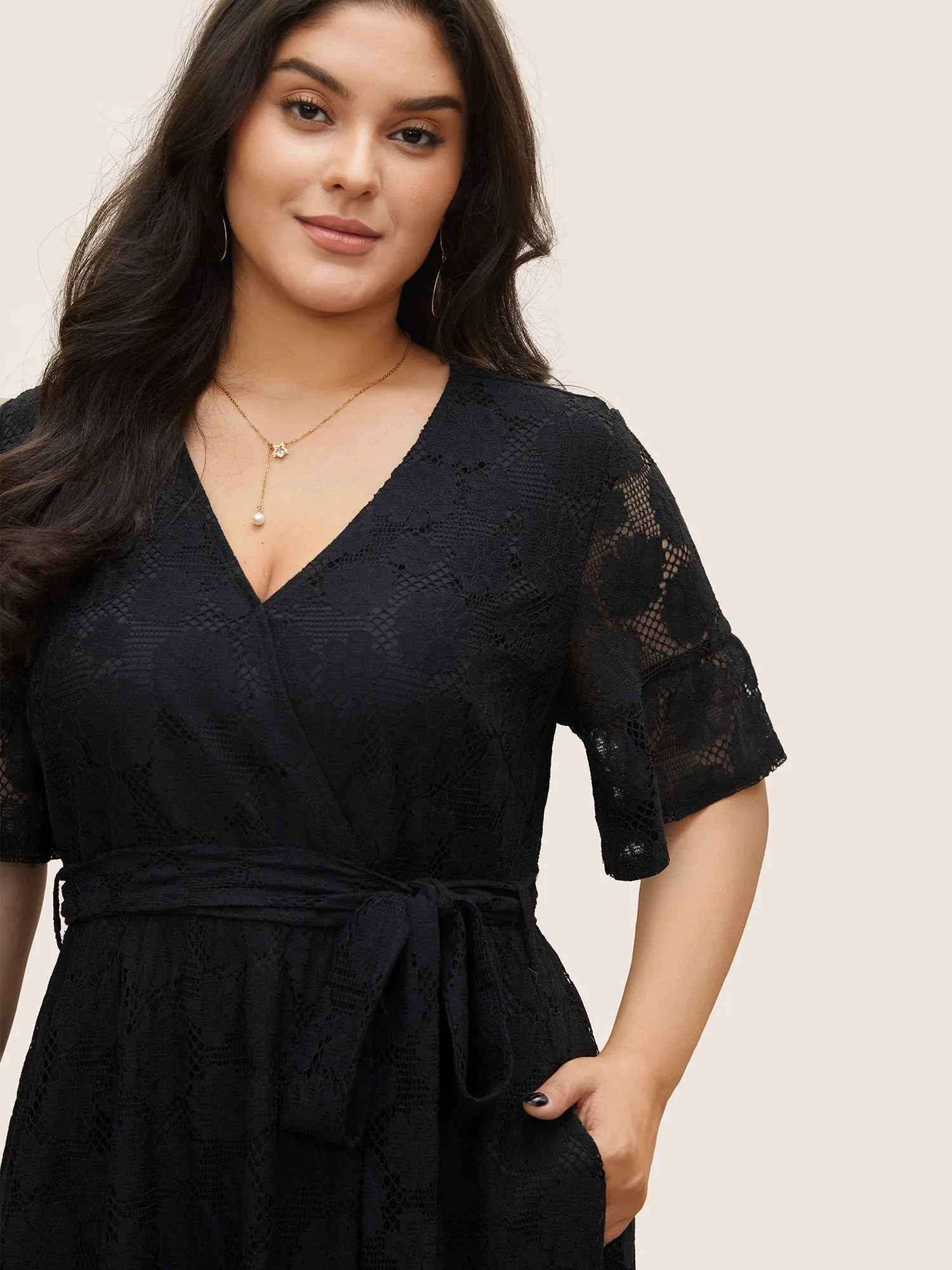 Lace Insert Belted Cut Out Wrap Dress sold by Bloomchic product image thumbnail 4