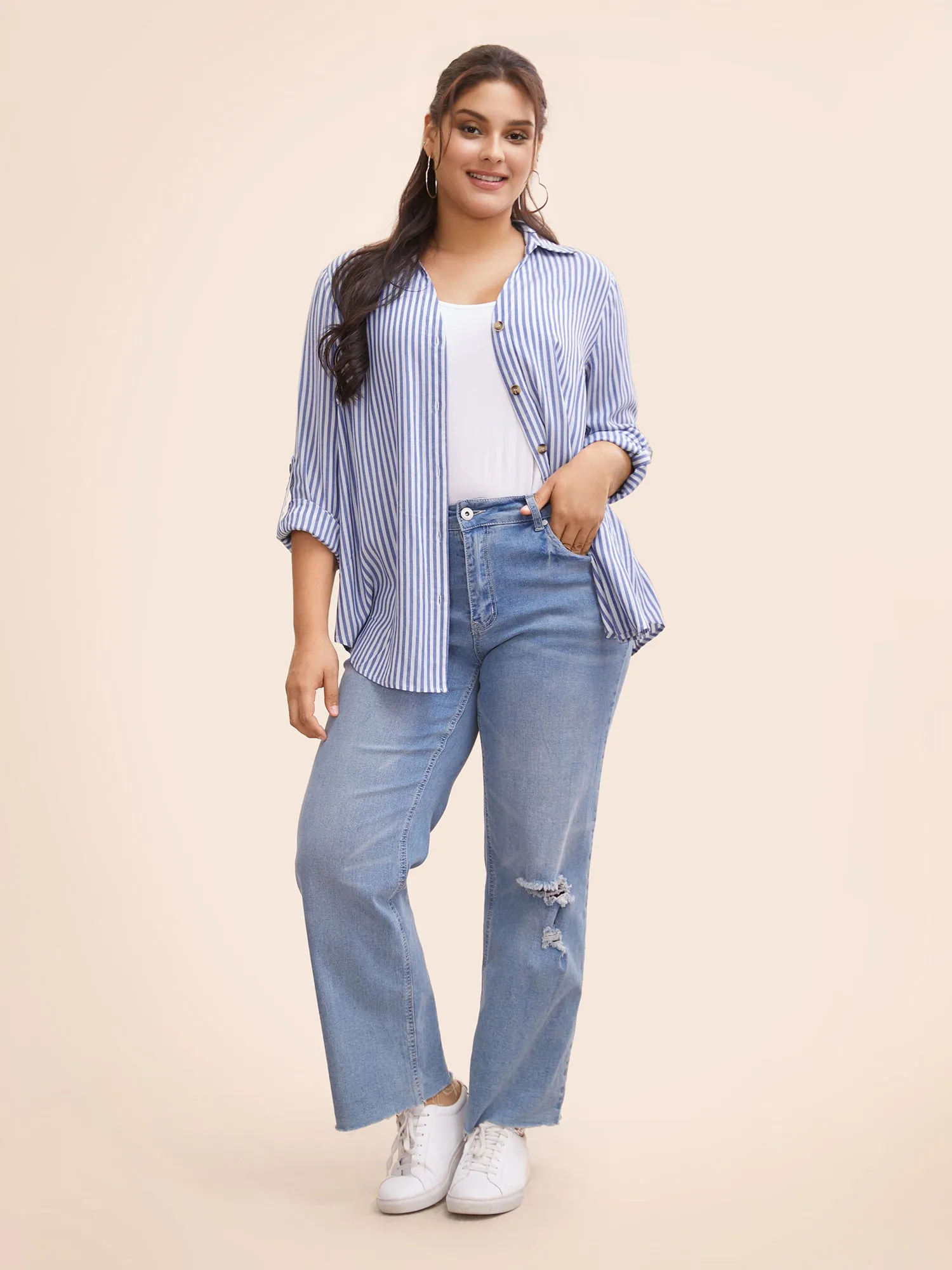 Shirt Collar Striped Tab Sleeve Blouse sold by Bloomchic product image thumbnail 2