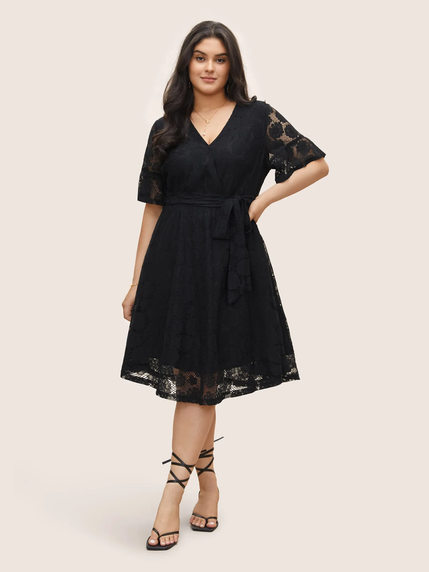 Lace Insert Belted Cut Out Wrap Dress sold by Bloomchic product image thumbnail 2