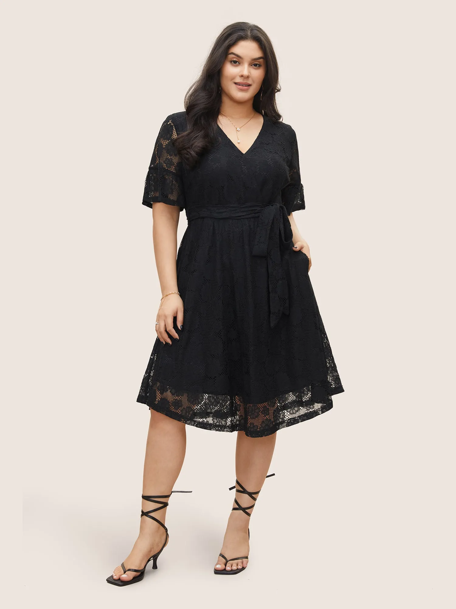 Lace Insert Belted Cut Out Wrap Dress sold by Bloomchic