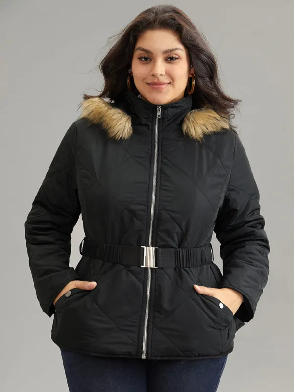 Plain Fuzzy Trim Belted Zipper Jacket sold by Bloomchic