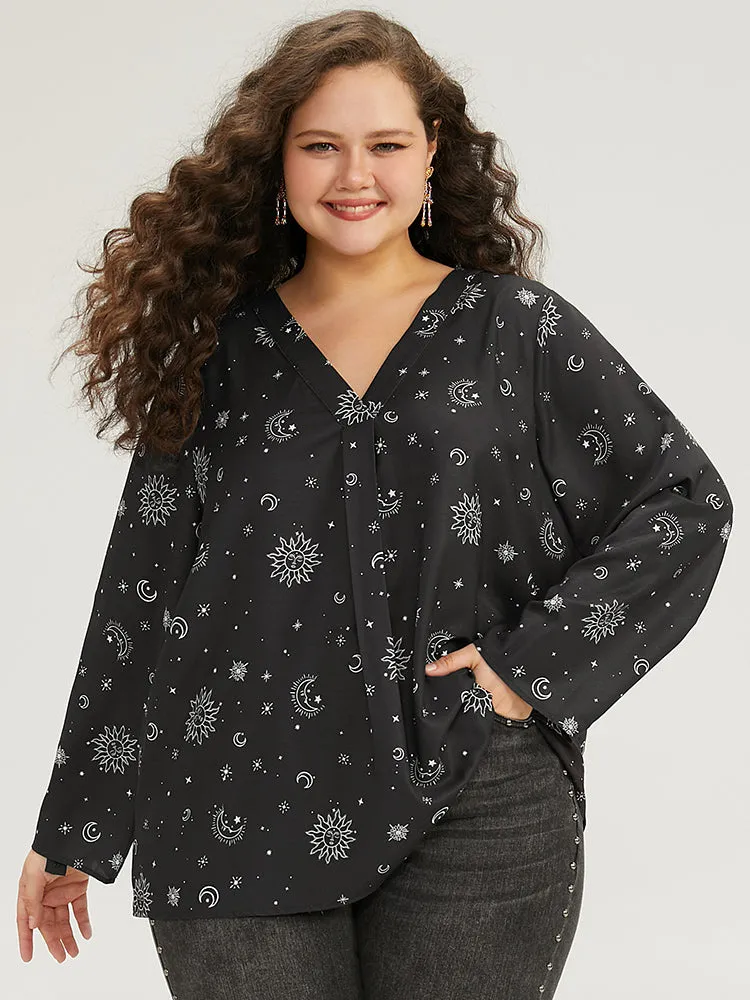 Halloween Moon & Star Print Pleated Tab Sleeve Blouse sold by Bloomchic