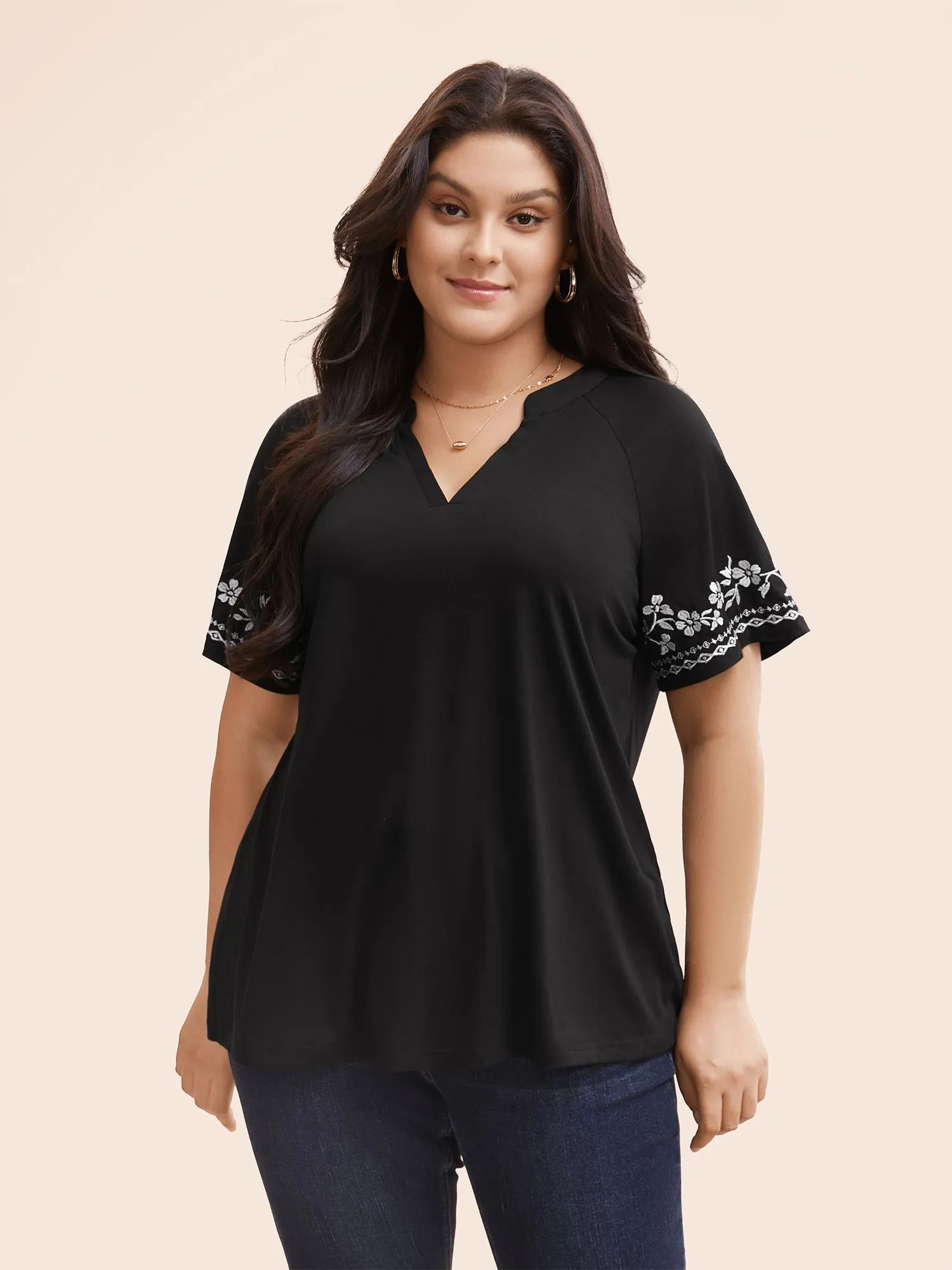 Floral Embroidered Notched Ruffle Sleeve T-shirt sold by Bloomchic
