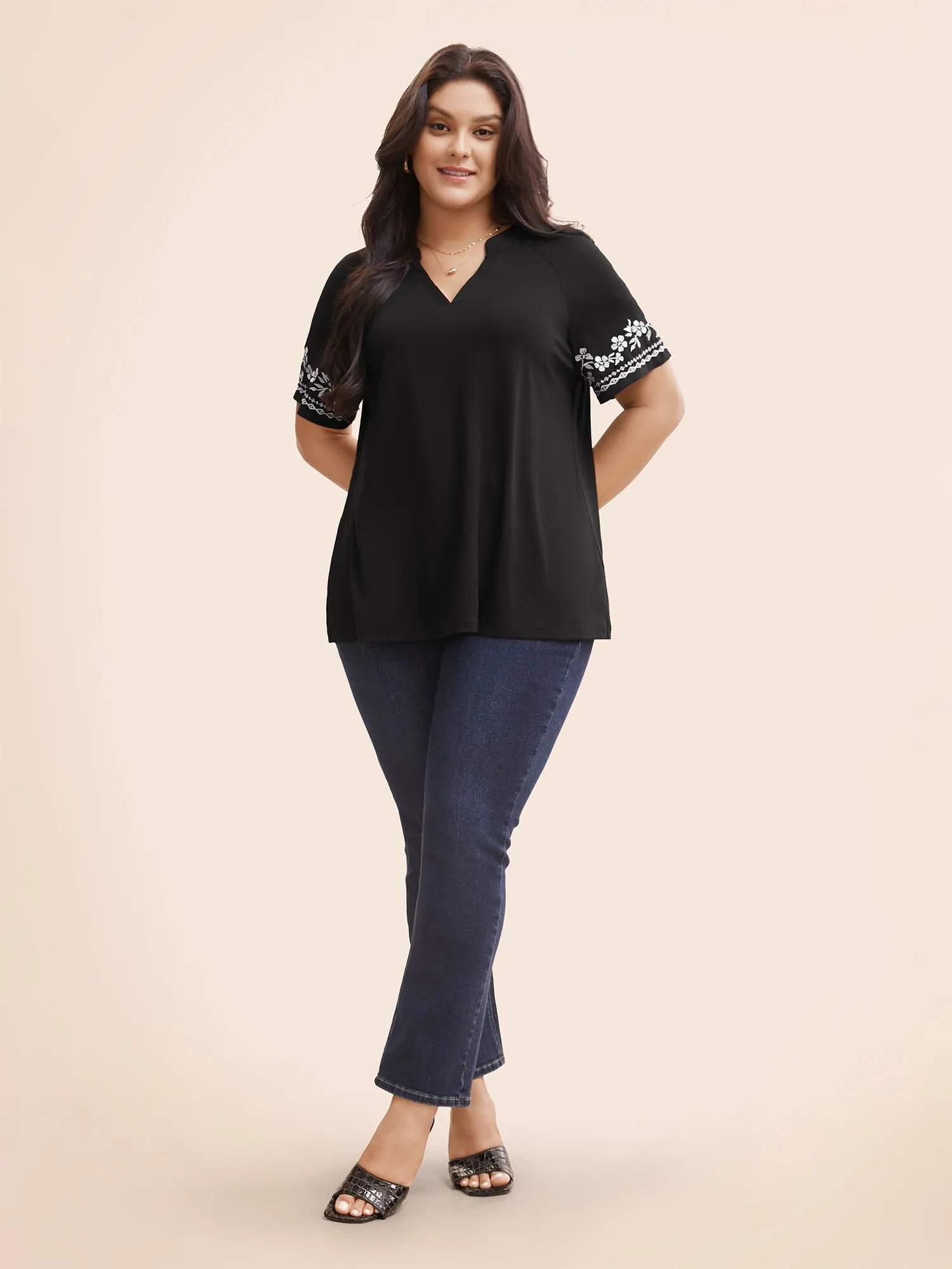 Floral Embroidered Notched Ruffle Sleeve T-shirt sold by Bloomchic product image thumbnail 3