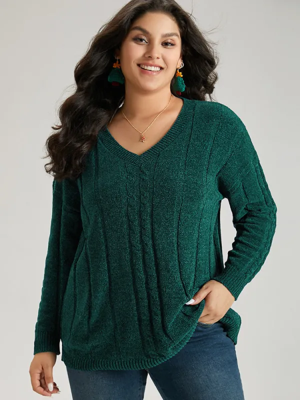 Christmas Plain Cable Knit V Neck Pullover sold by Bloomchic