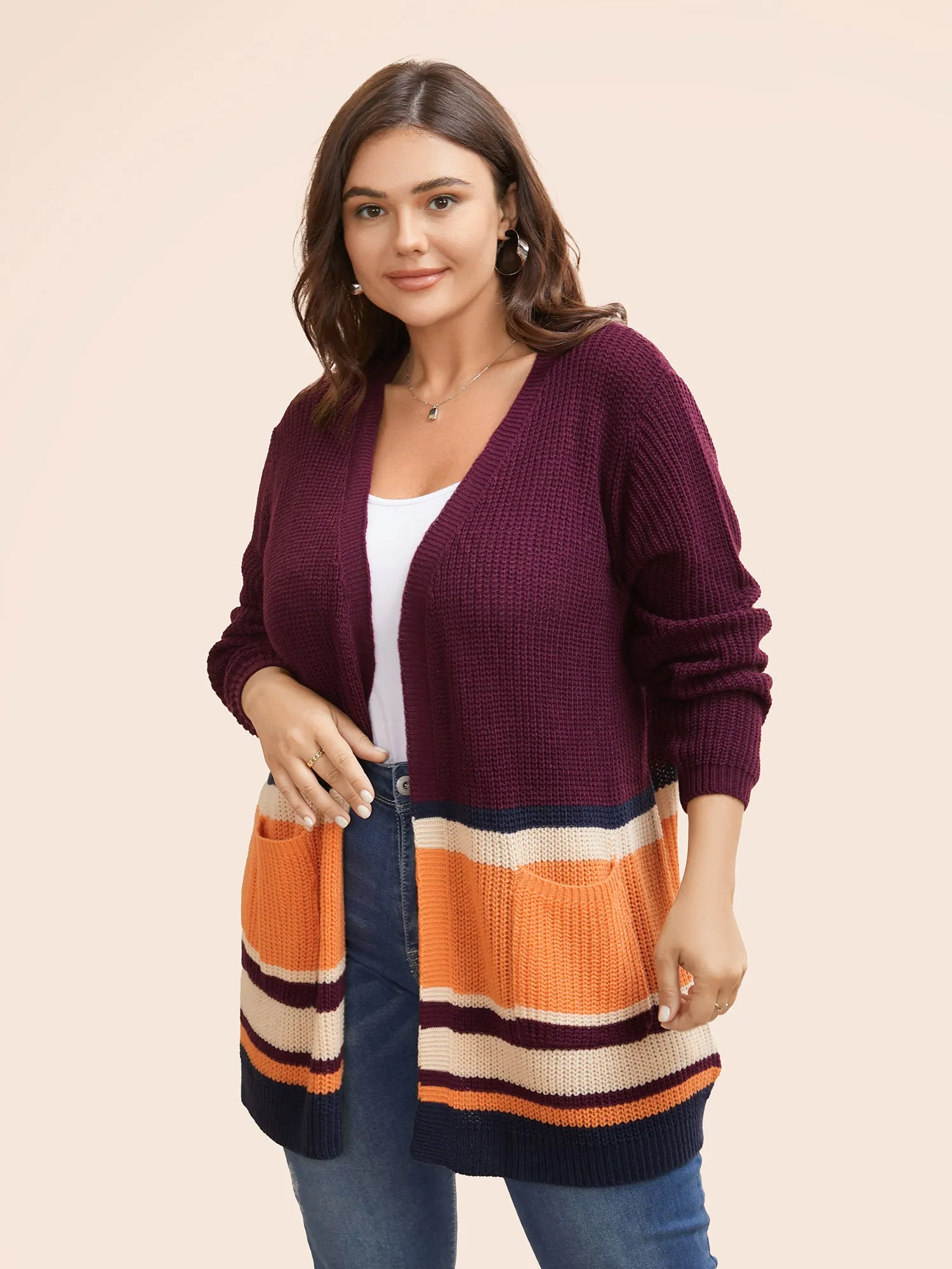 Colorblock Contrast Patched Pocket Open Front Cardigan sold by Bloomchic