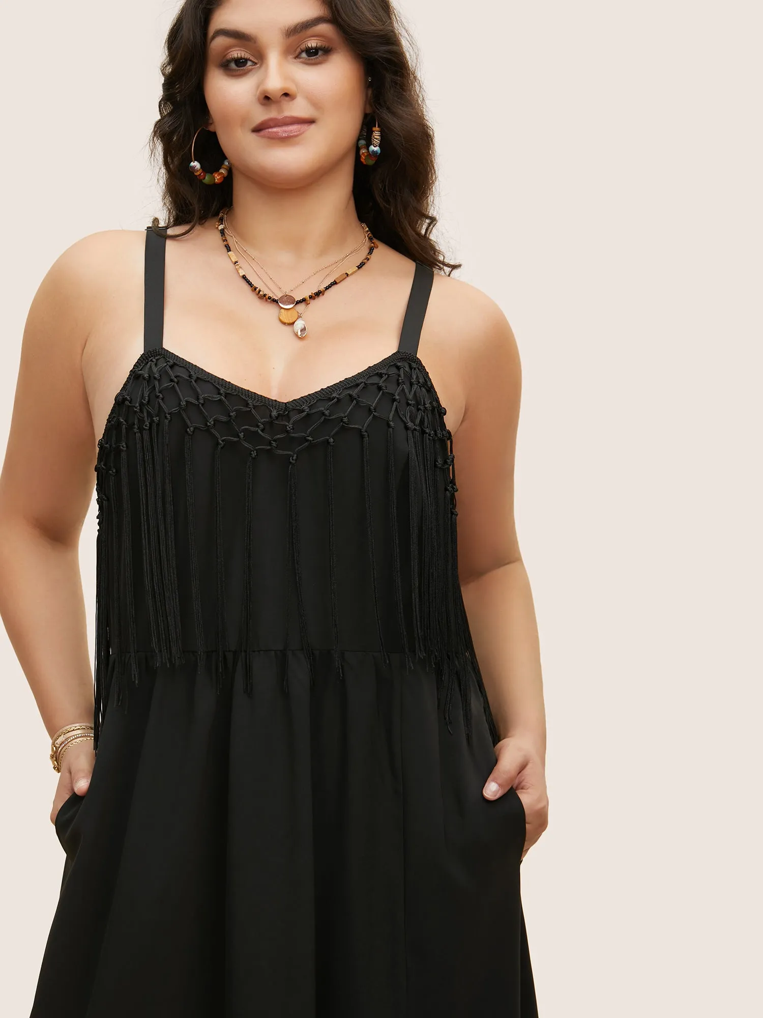 Solid Tassel Trim Split Hem Cami Dress sold by Bloomchic product image thumbnail 4