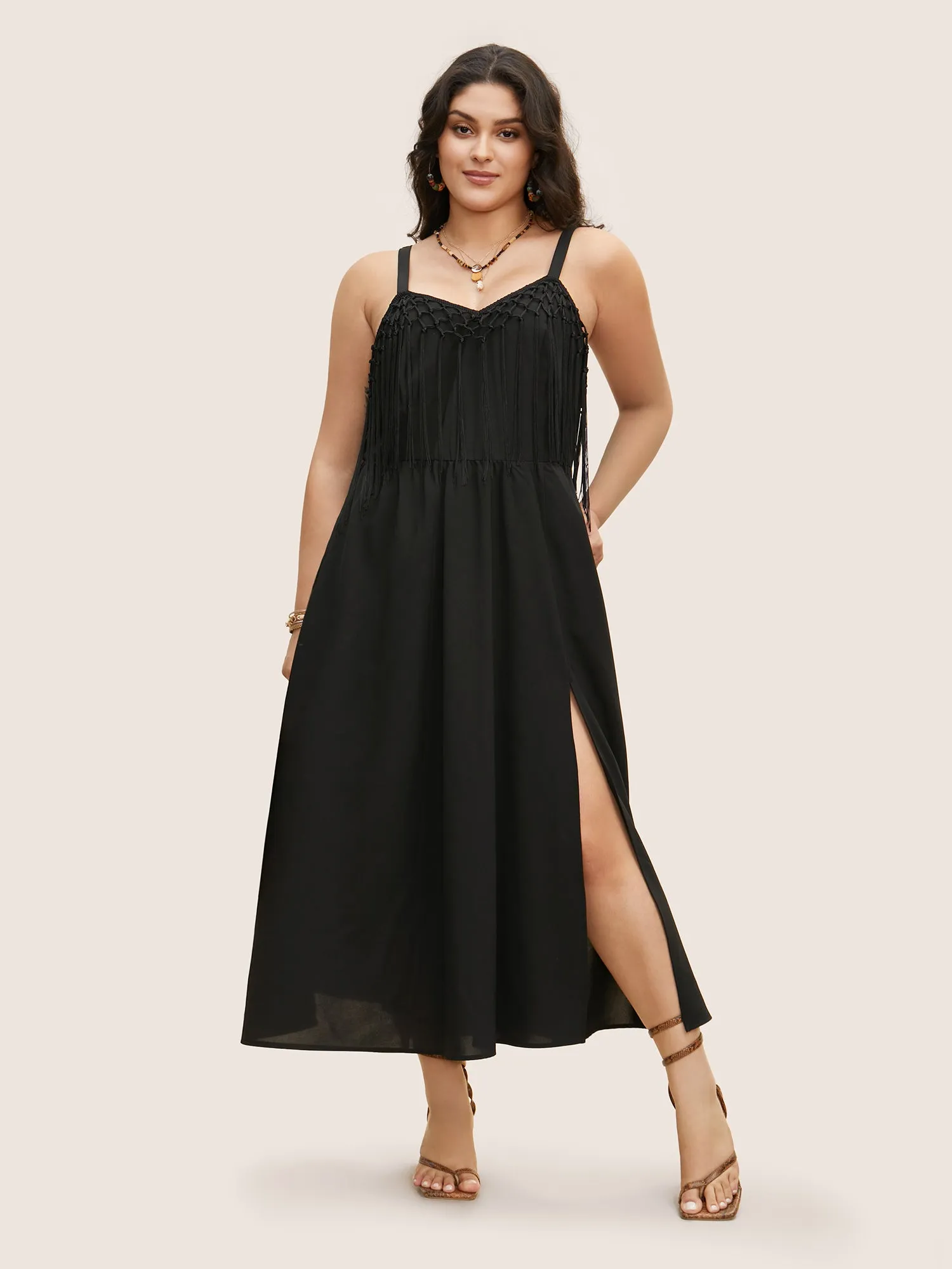 Solid Tassel Trim Split Hem Cami Dress sold by Bloomchic