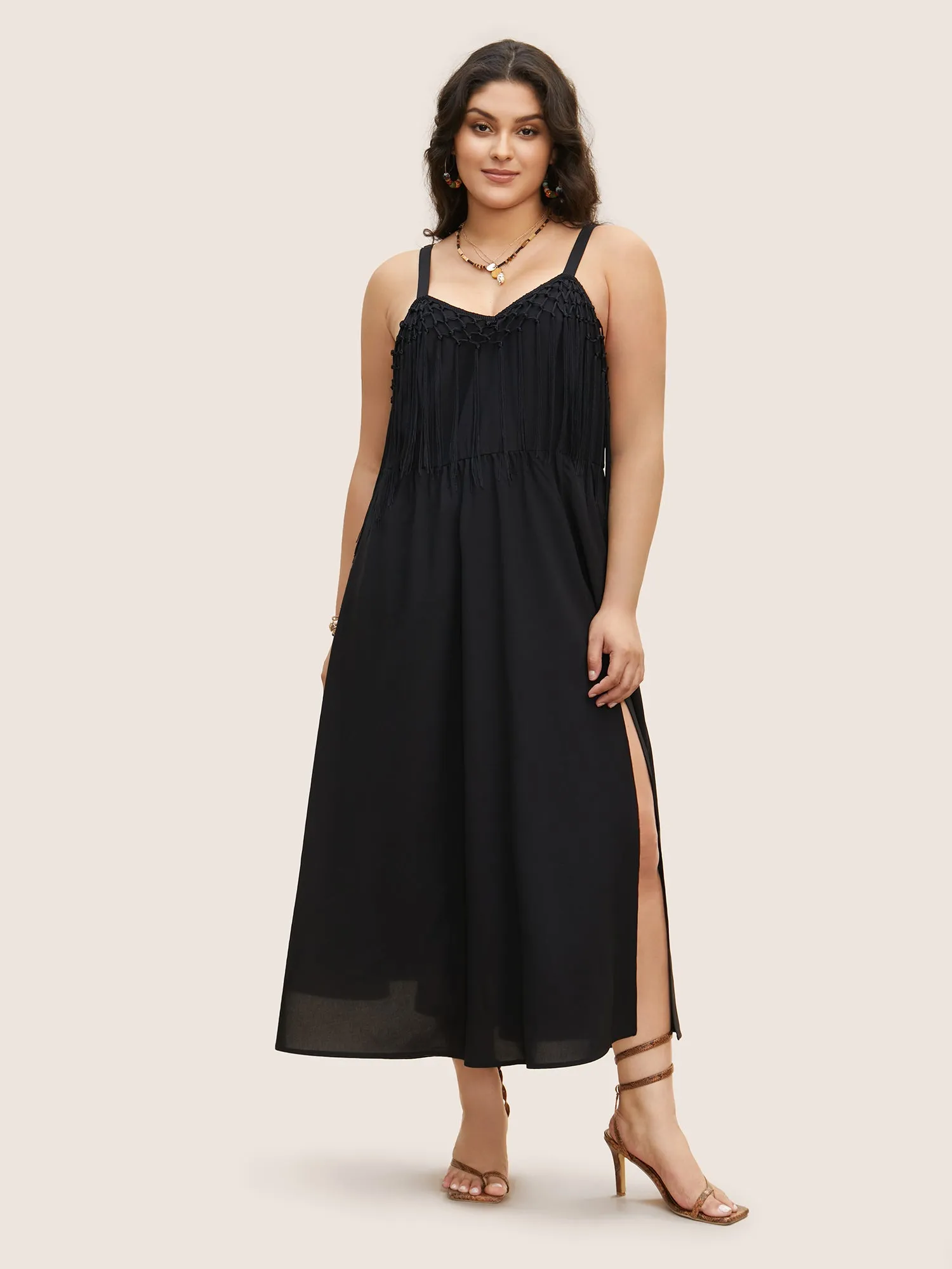 Solid Tassel Trim Split Hem Cami Dress sold by Bloomchic product image thumbnail 3