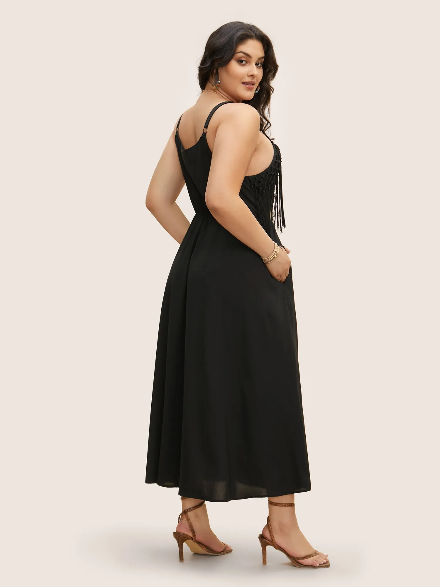 Solid Tassel Trim Split Hem Cami Dress sold by Bloomchic product image thumbnail 2