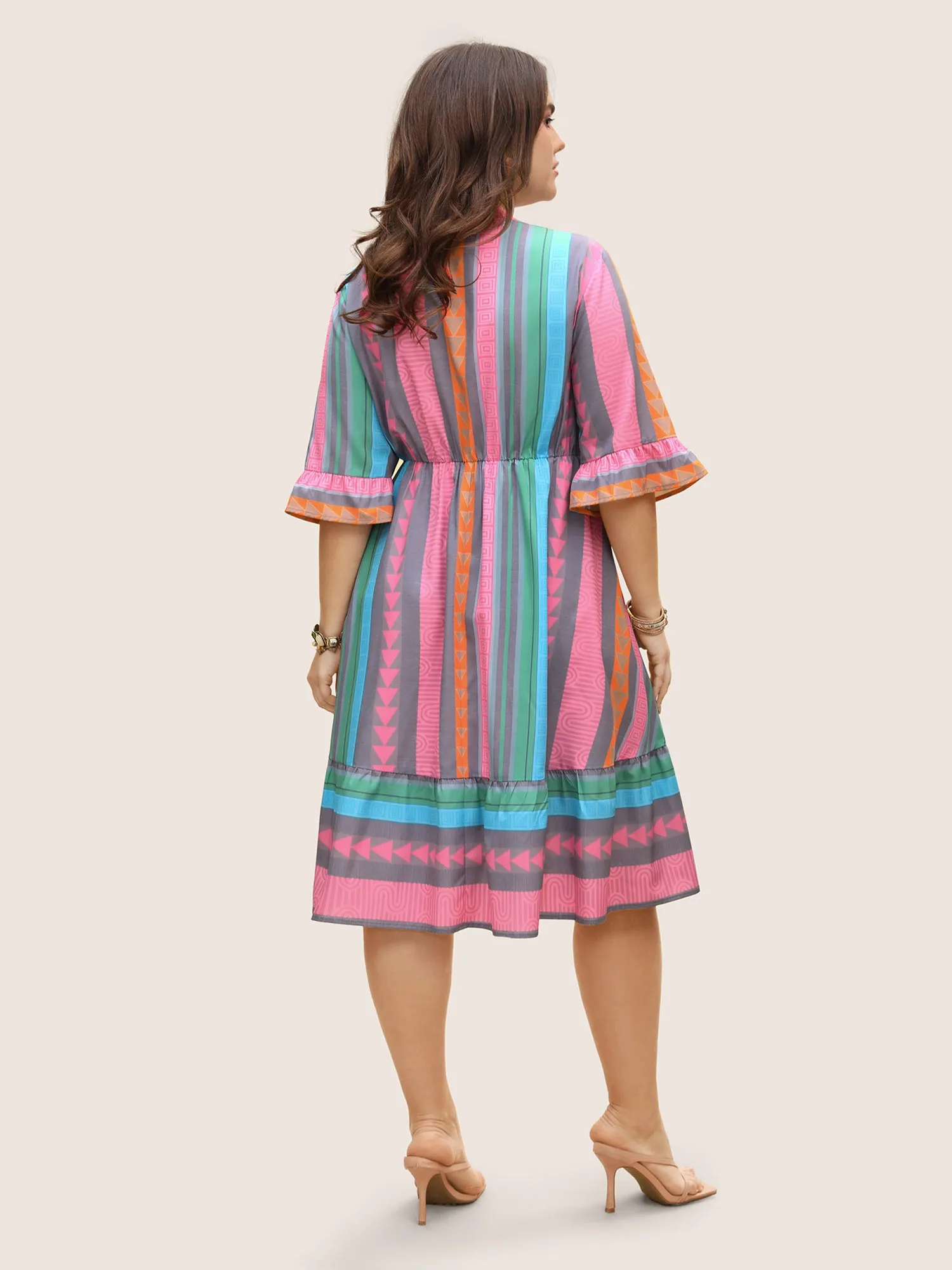 Notched Collar Geometric Striped Ruffle Sleeve Dress sold by Bloomchic product image thumbnail 4