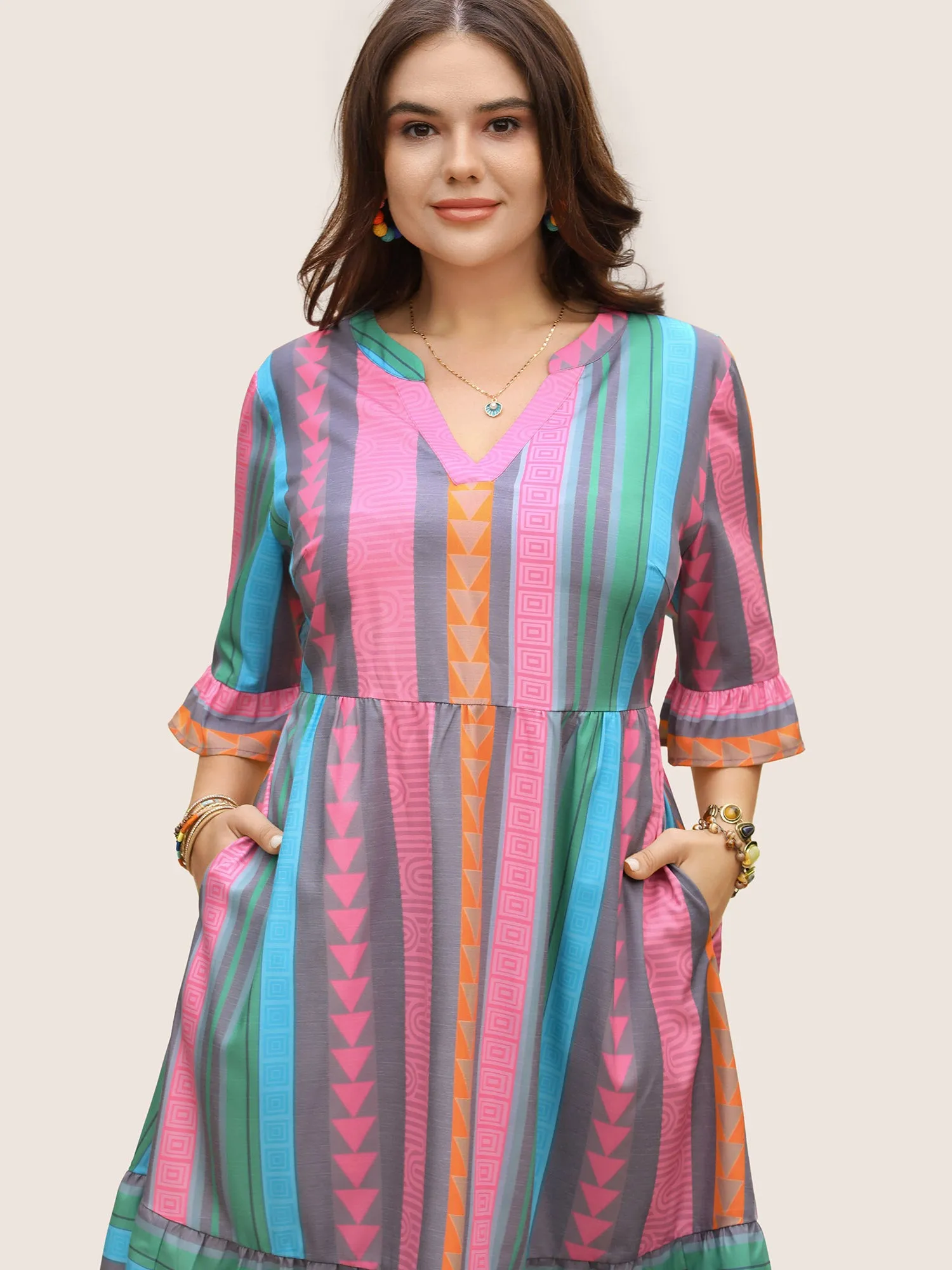 Notched Collar Geometric Striped Ruffle Sleeve Dress sold by Bloomchic product image thumbnail 2