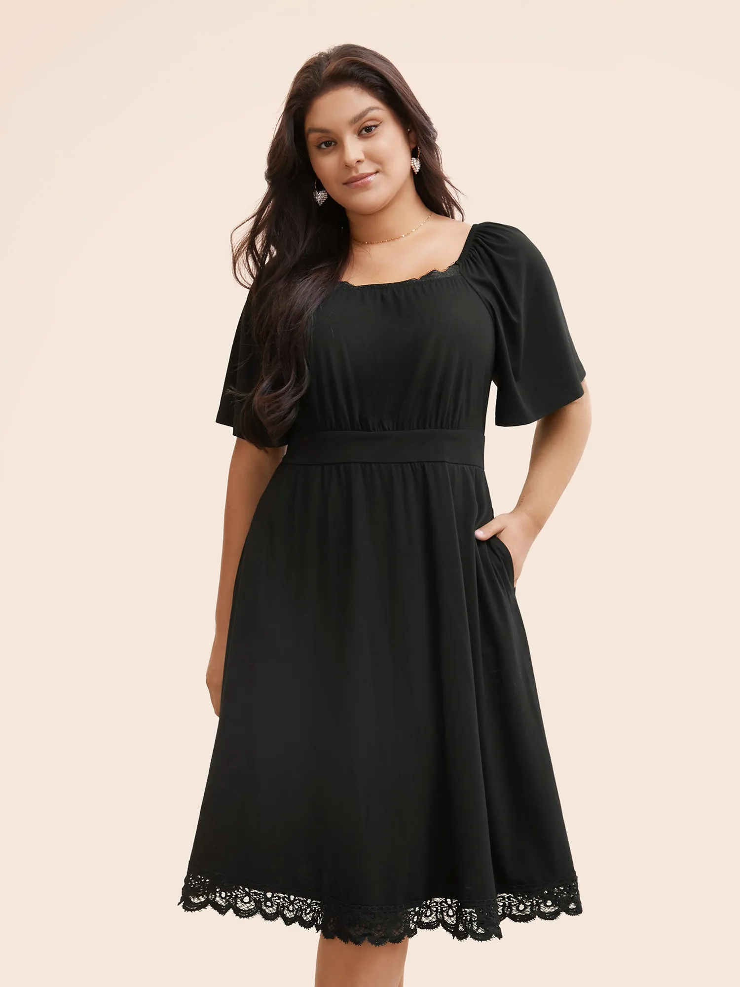 Plain Lace Insert Gathered Square Neck Dress sold by Bloomchic product image thumbnail 4