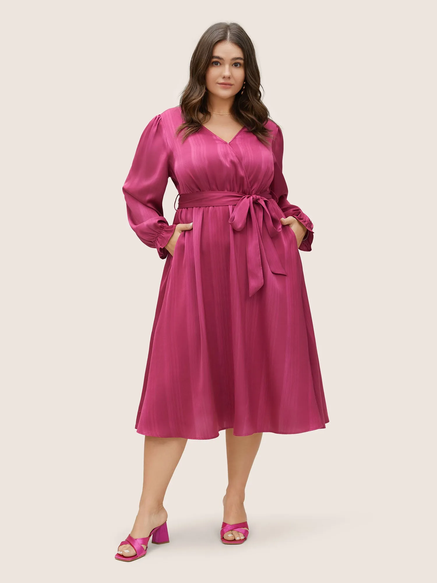 Striped Elastic Waist Wrap Belted Gathered Dress sold by Bloomchic product image thumbnail 2