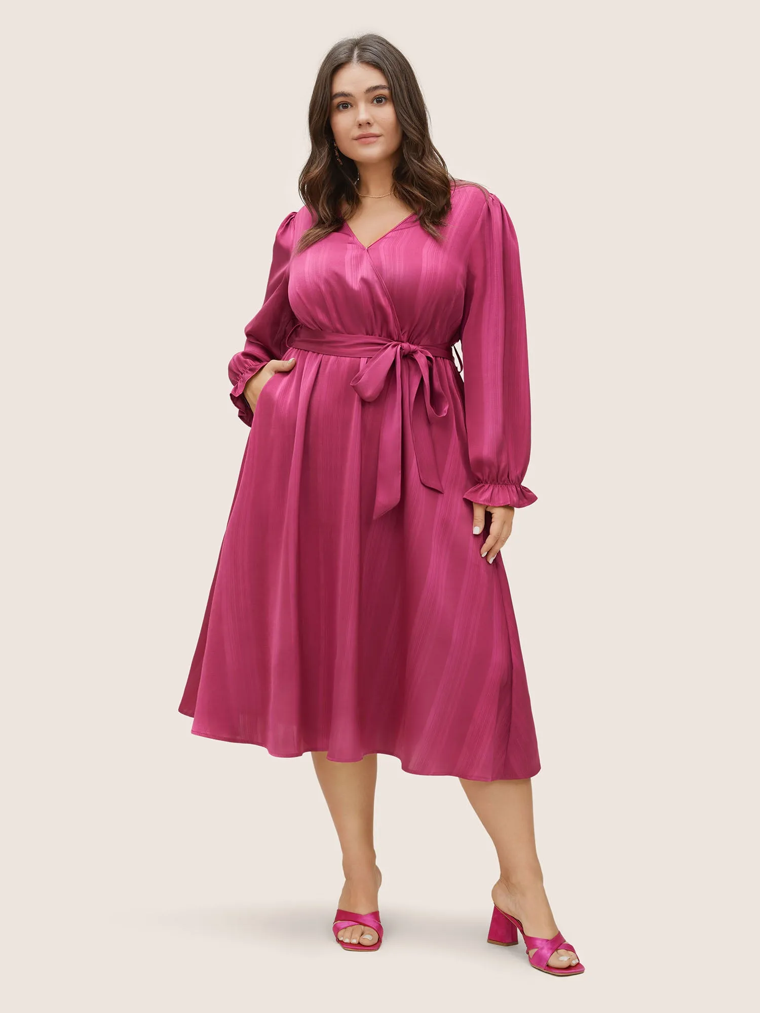 Striped Elastic Waist Wrap Belted Gathered Dress sold by Bloomchic