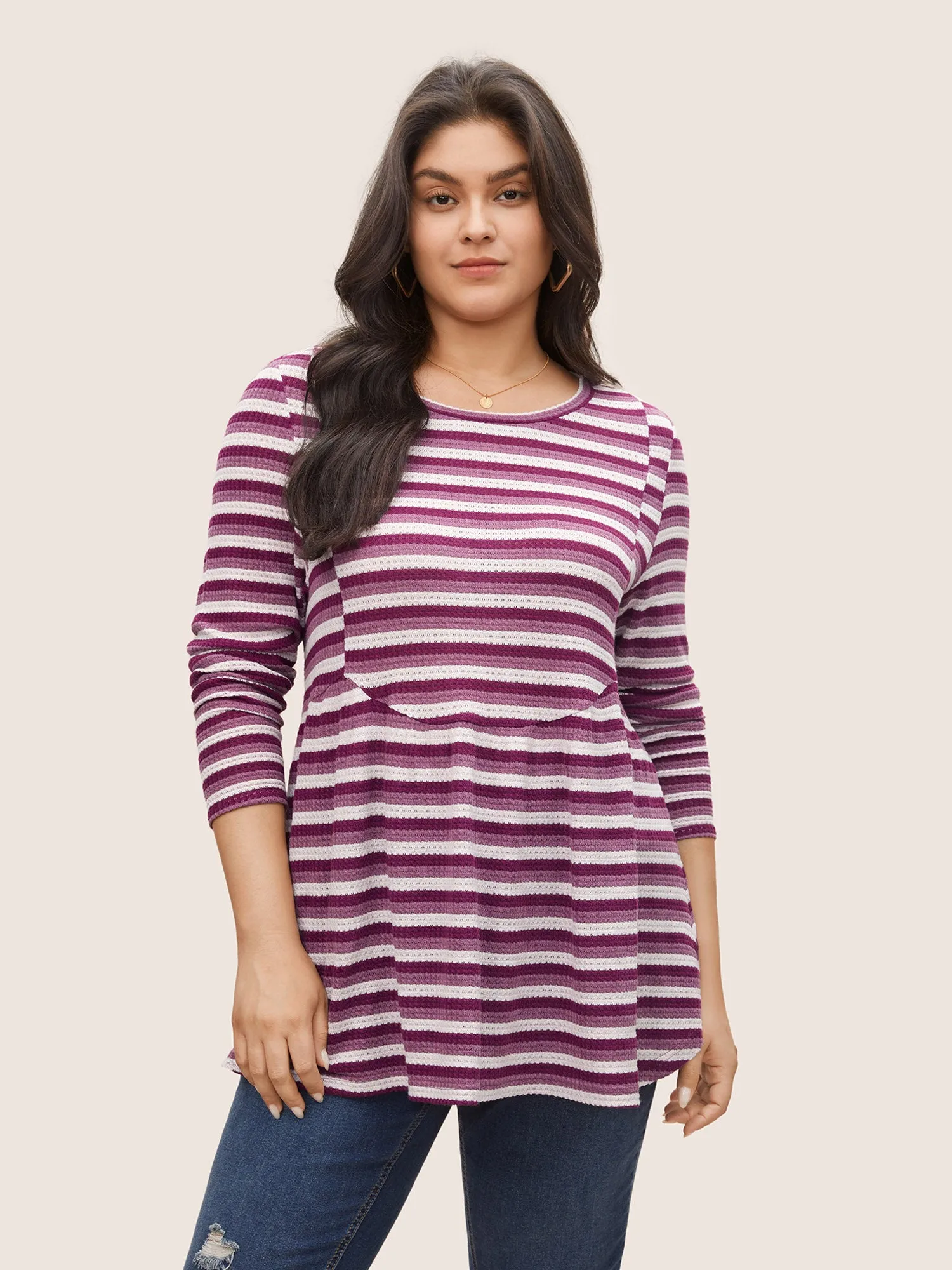 Striped Waffle Knit Crew Neck T-shirt sold by Bloomchic