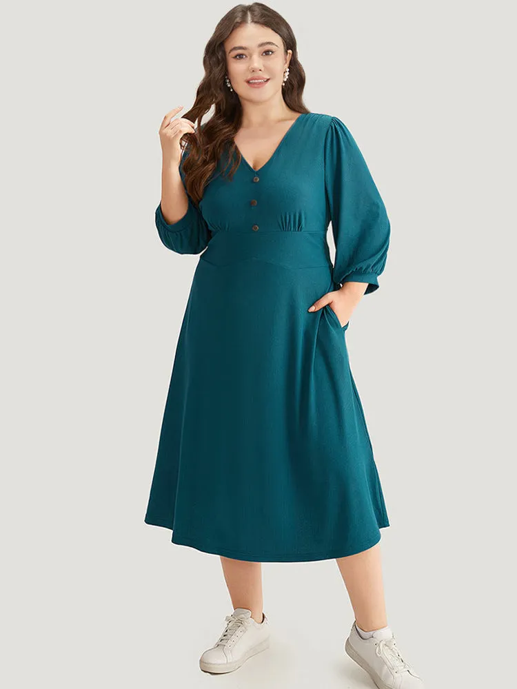 Rib Knit Bowknot Ties Button Detail Gathered Dress sold by Bloomchic product image thumbnail 2