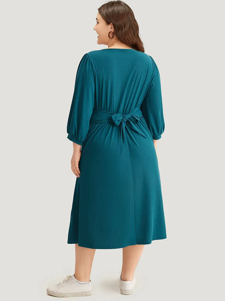 Rib Knit Bowknot Ties Button Detail Gathered Dress sold by Bloomchic product image thumbnail 3