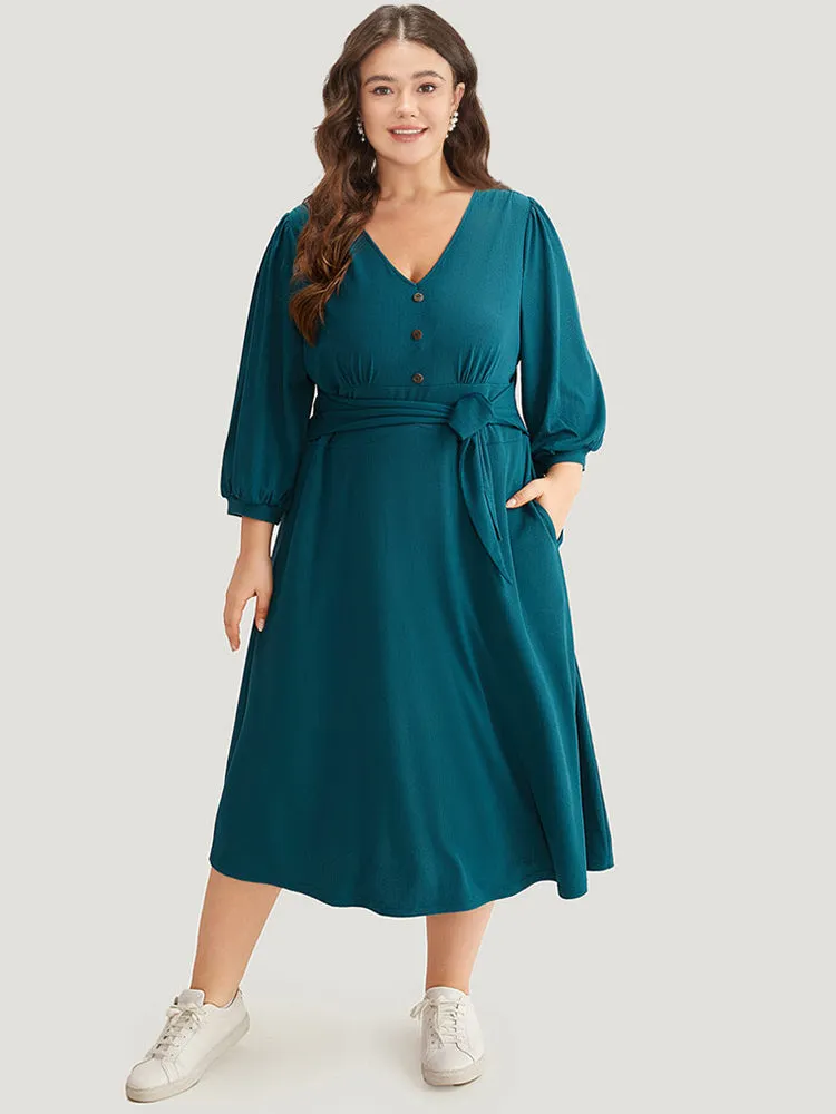 Rib Knit Bowknot Ties Button Detail Gathered Dress sold by Bloomchic