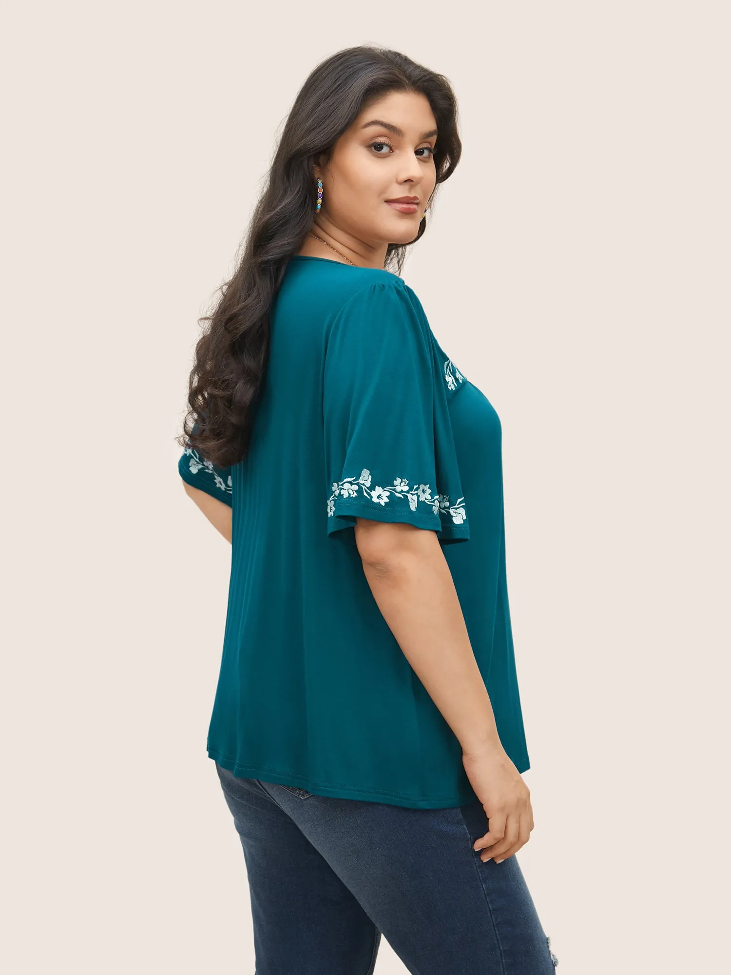 Floral Embroidered Gathered Ruffle Sleeve T-shirt sold by Bloomchic product image thumbnail 2