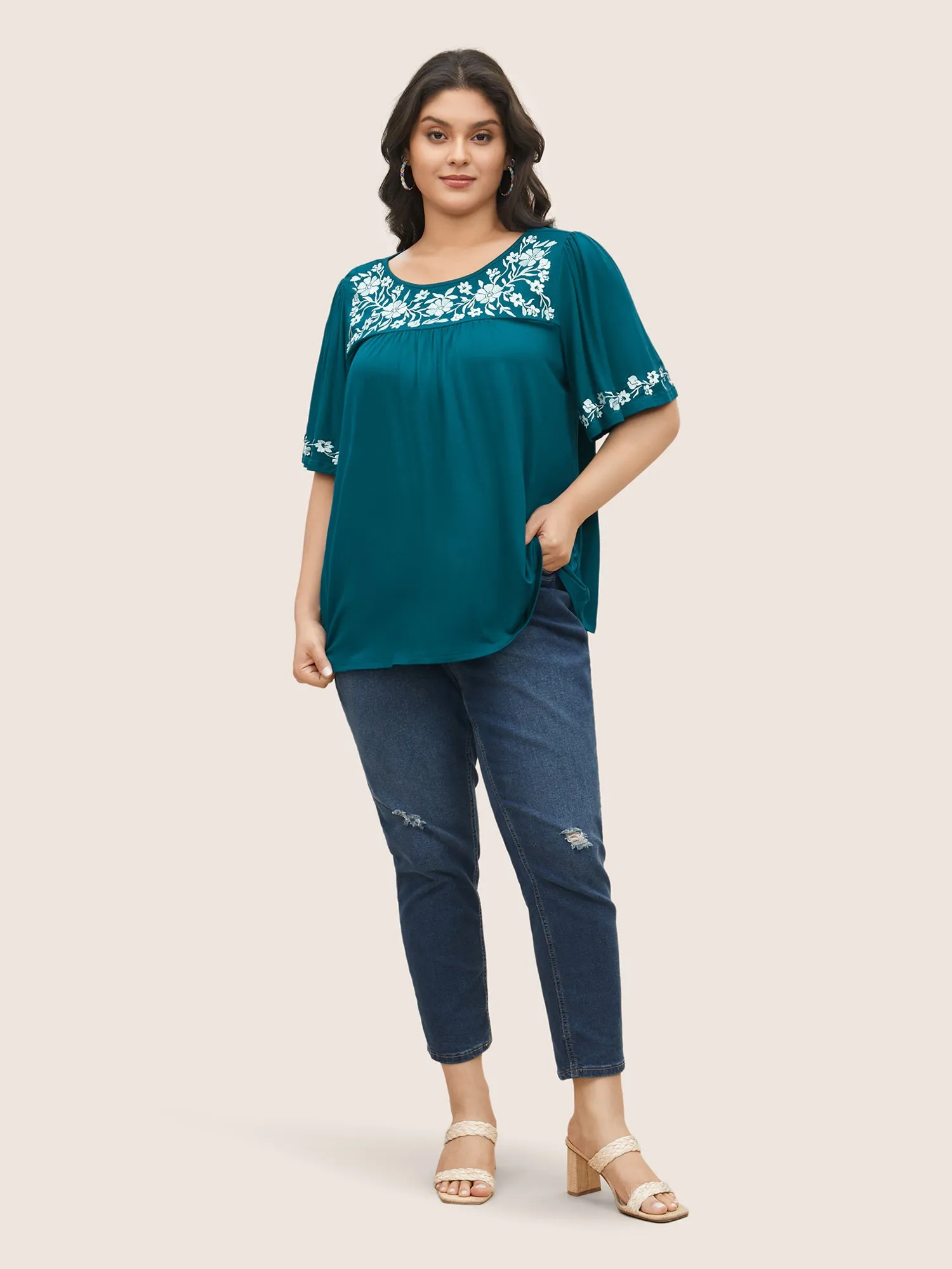 Floral Embroidered Gathered Ruffle Sleeve T-shirt sold by Bloomchic product image thumbnail 3