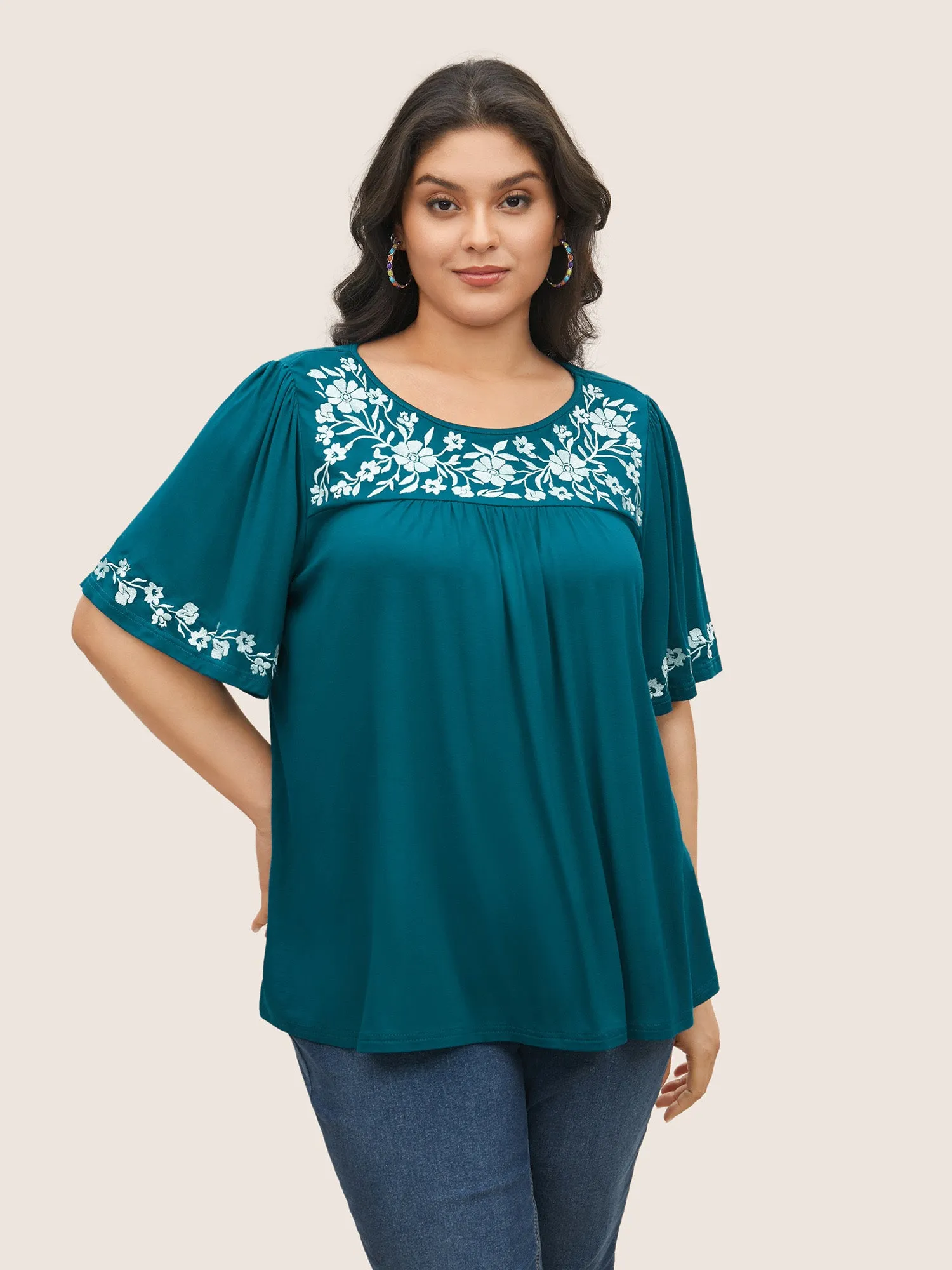 Floral Embroidered Gathered Ruffle Sleeve T-shirt sold by Bloomchic