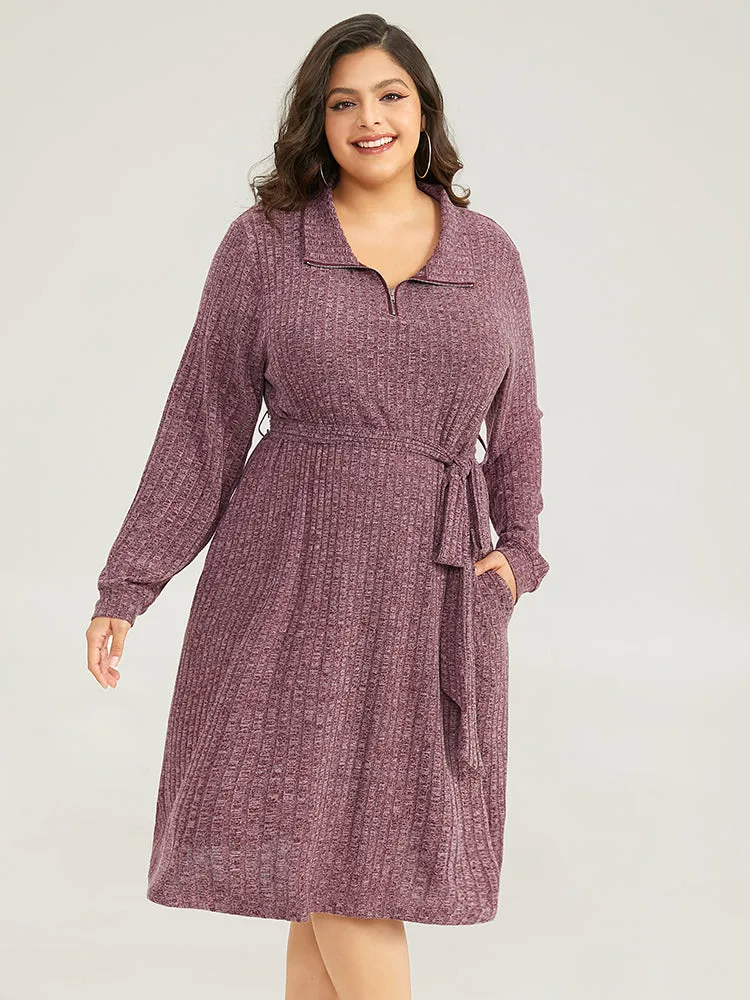 Solid Belted Rib Knit Half Zipper Dress sold by Bloomchic