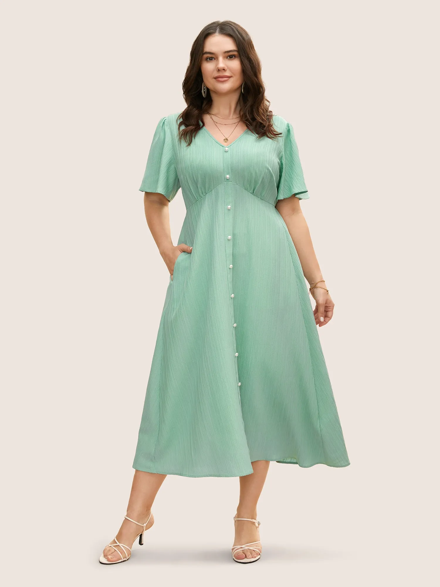 V Neck Button Detail Flutter Sleeve Dress sold by Bloomchic product image thumbnail 4