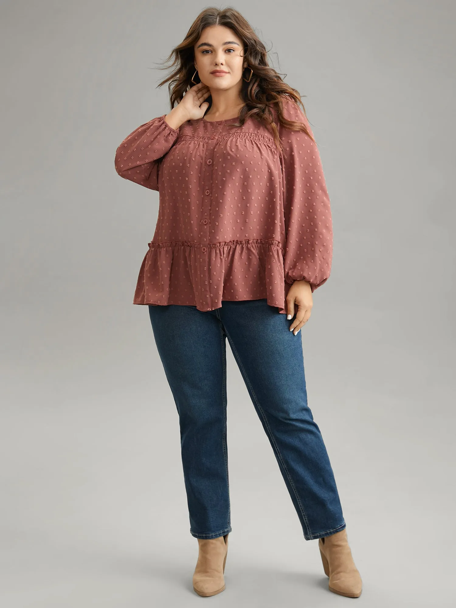 Textured Lantern Sleeve Gathered Frill Trim Blouse sold by Bloomchic product image thumbnail 3