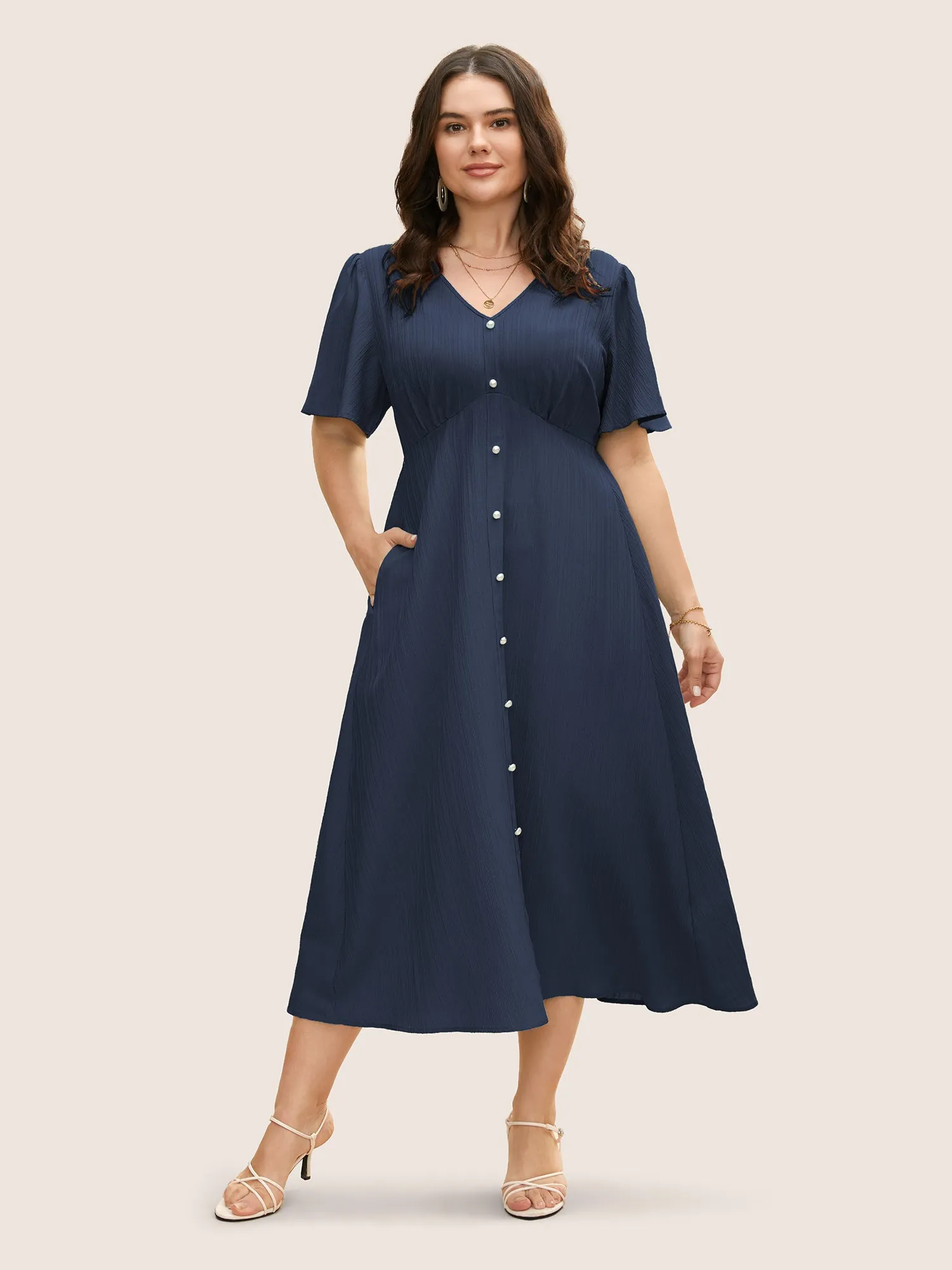 V Neck Button Detail Flutter Sleeve Dress sold by Bloomchic