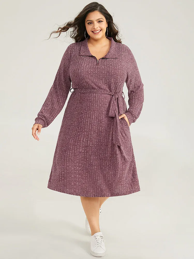 Solid Belted Rib Knit Half Zipper Dress sold by Bloomchic product image thumbnail 4