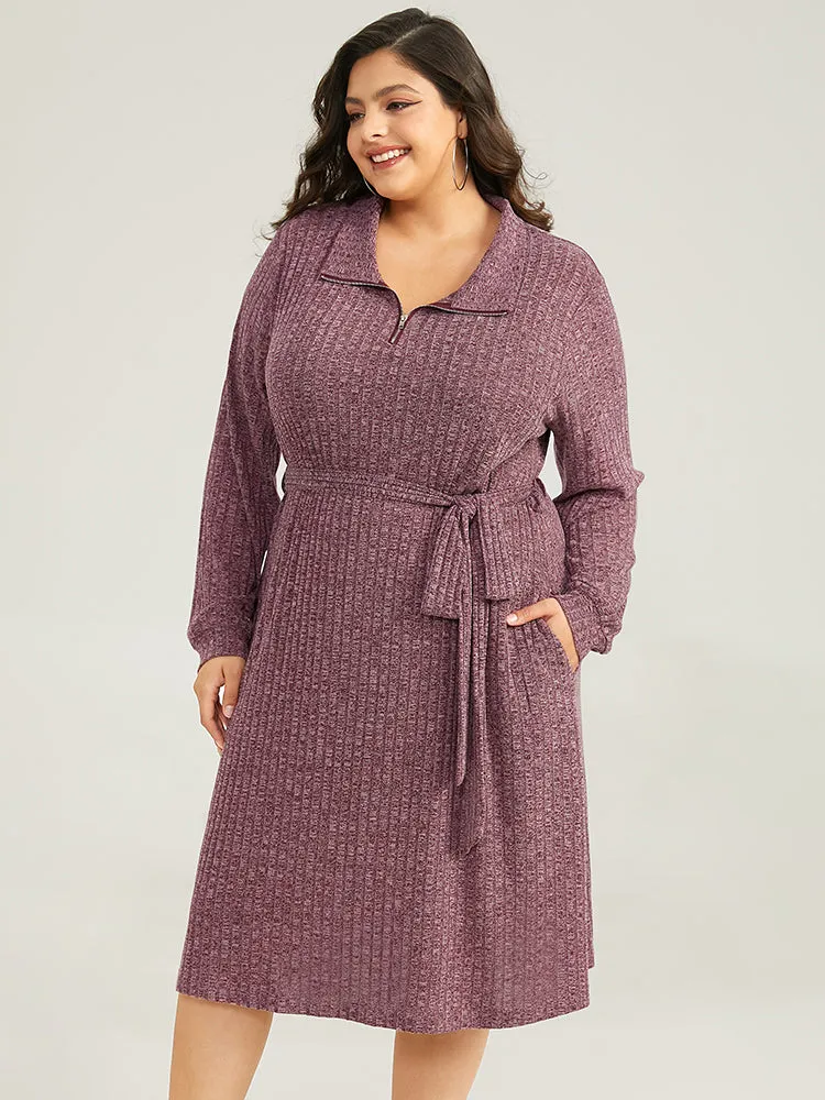 Solid Belted Rib Knit Half Zipper Dress sold by Bloomchic product image thumbnail 2