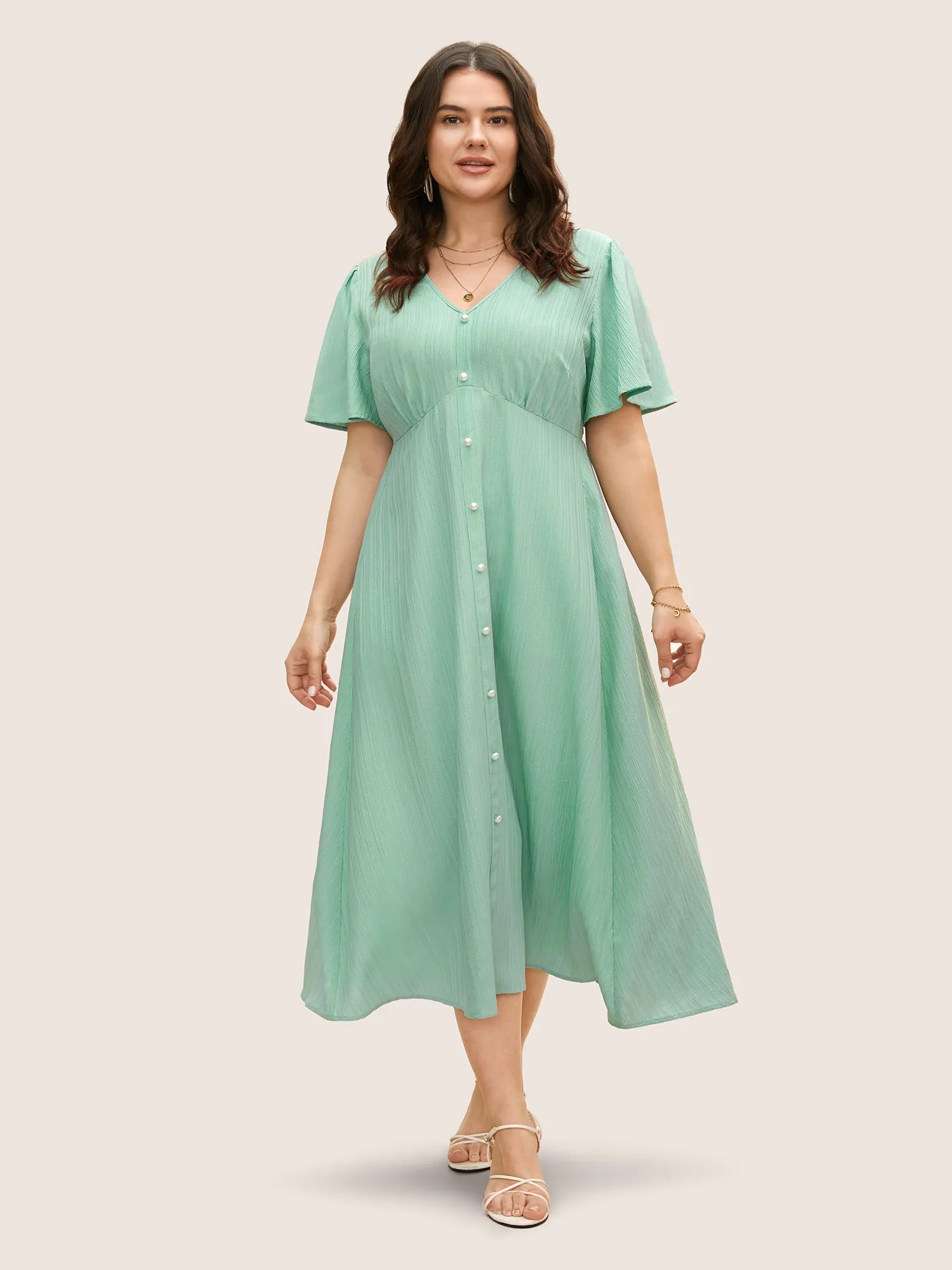 V Neck Button Detail Flutter Sleeve Dress sold by Bloomchic product image thumbnail 5