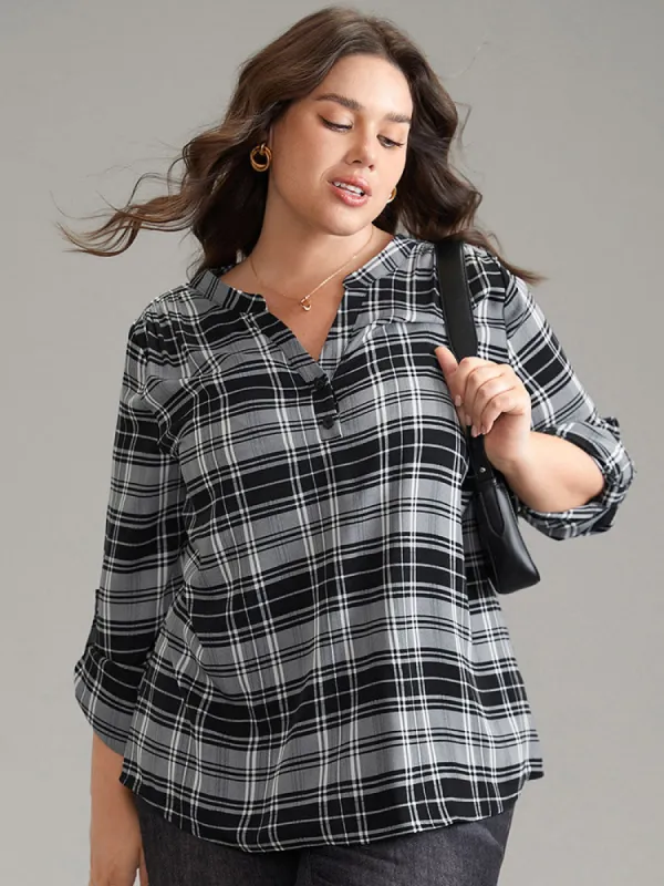 Plaid Notched Button Up Tab Sleeve Blouse sold by Bloomchic