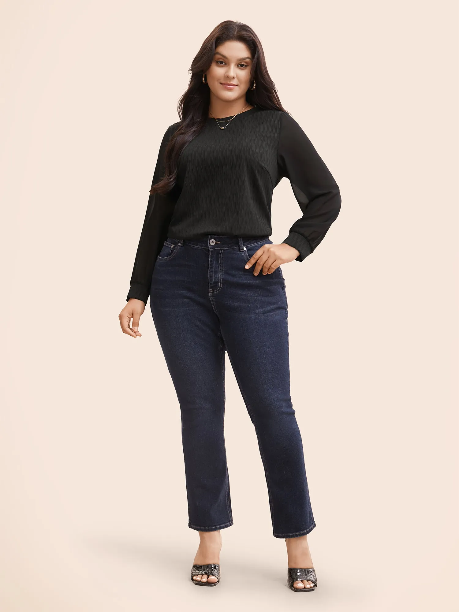 Crew Neck Solid Textured Patchwork Mesh T-shirt sold by Bloomchic product image thumbnail 3