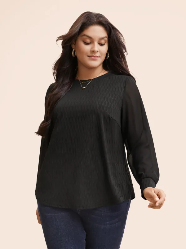 Crew Neck Solid Textured Patchwork Mesh T-shirt sold by Bloomchic