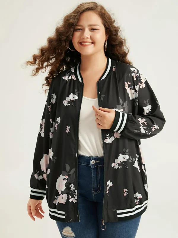 Floral Contrast Trim O Ring Zipper Jacket sold by Bloomchic
