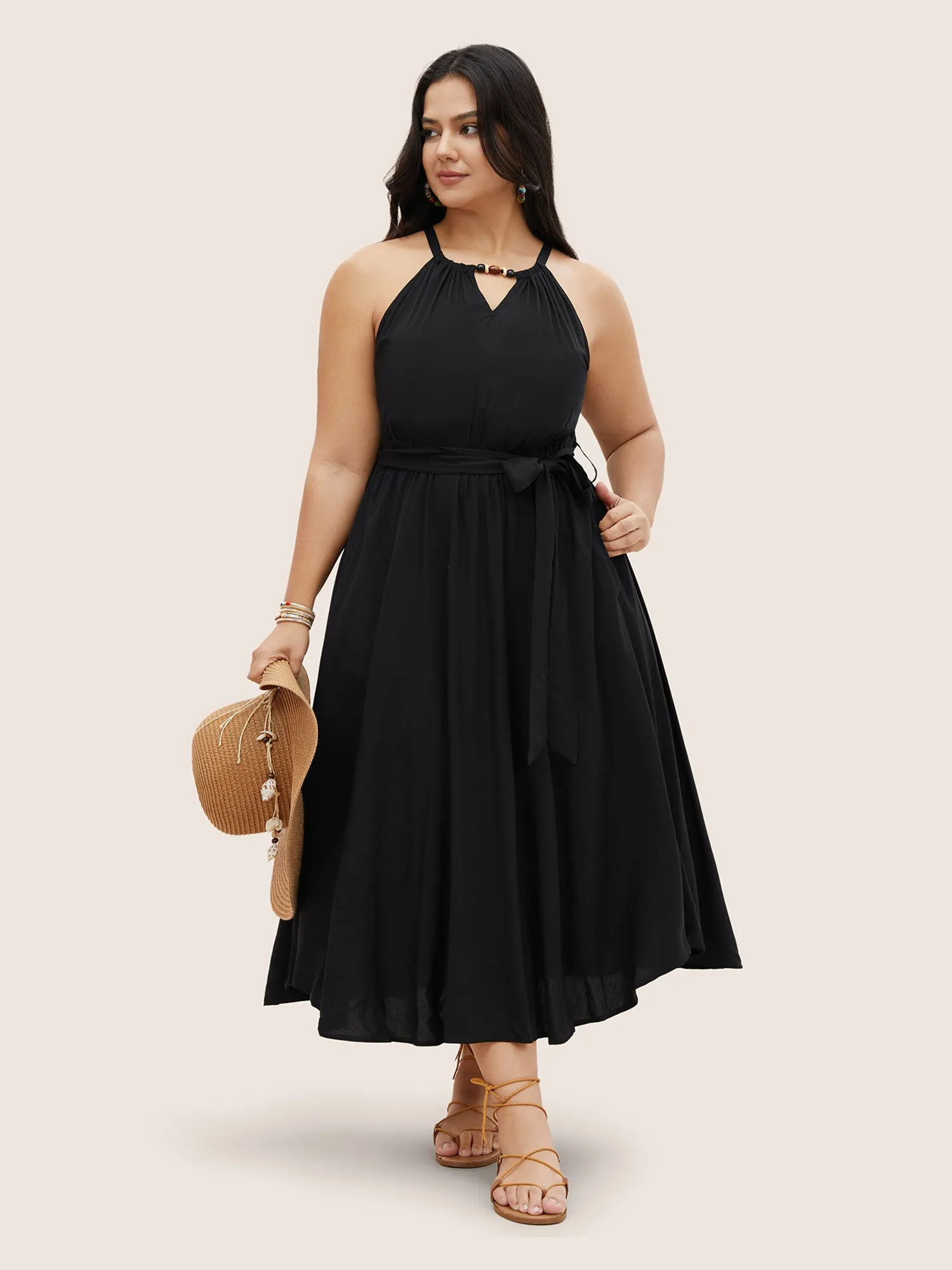 Solid Keyhole Halter Neck Belted Dress sold by Bloomchic product image thumbnail 2