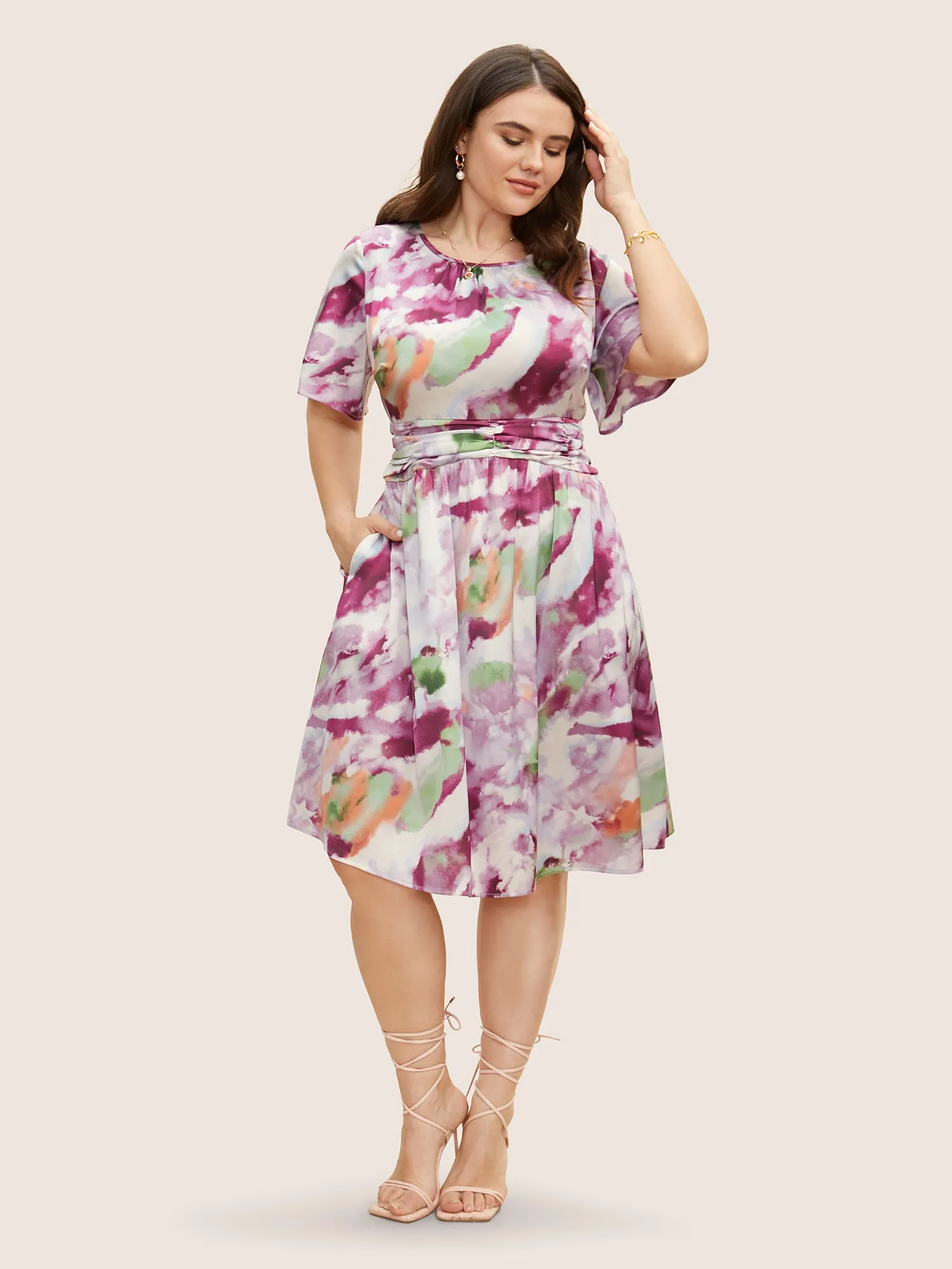 Watercolor Floral Print Ruched Ruffle Sleeve Dress sold by Bloomchic product image thumbnail 2