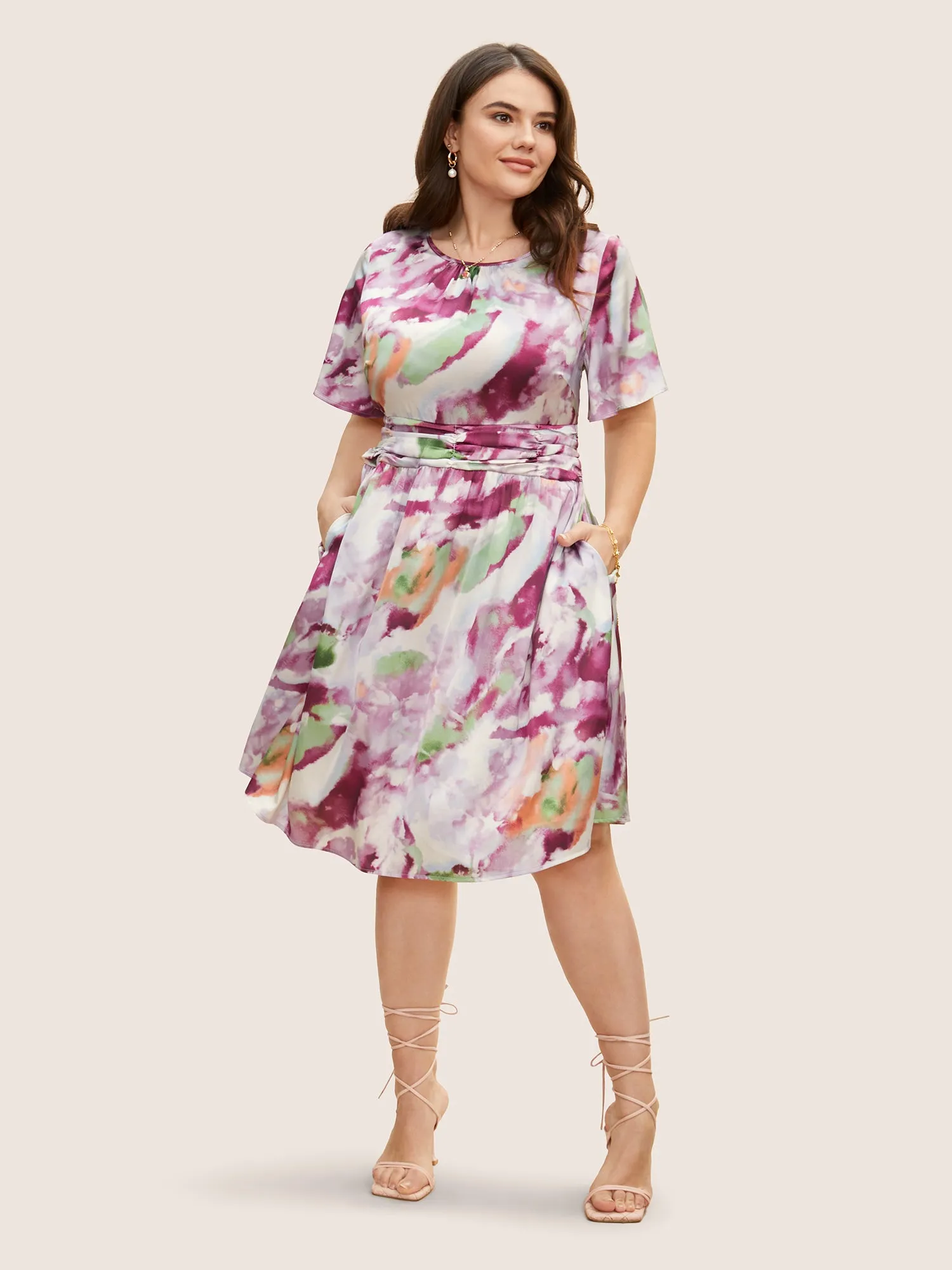 Watercolor Floral Print Ruched Ruffle Sleeve Dress sold by Bloomchic