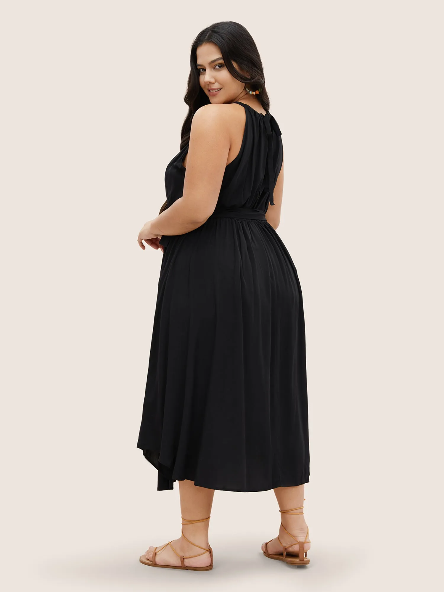 Solid Keyhole Halter Neck Belted Dress sold by Bloomchic product image thumbnail 3