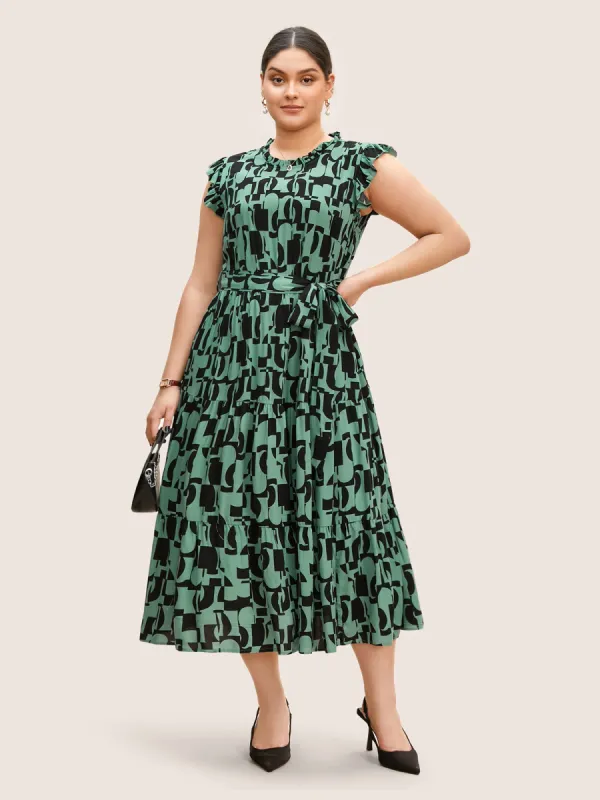 Geometric Mock Neck Ruffles Trim Belted Dress sold by Bloomchic