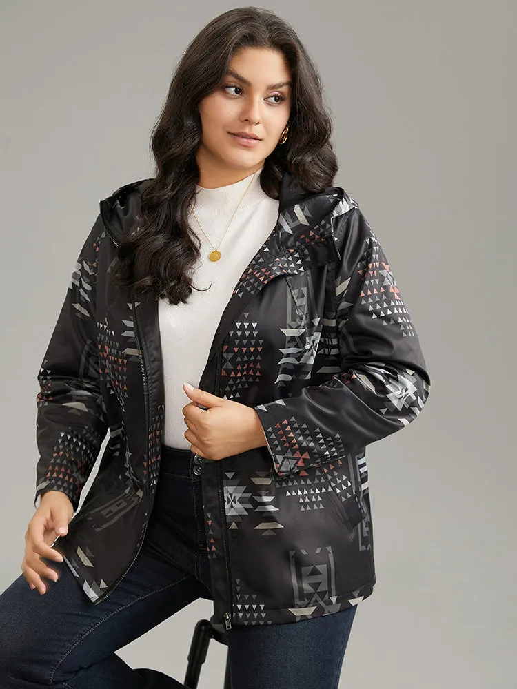 Geo Graphic Hooded Pocket Zipper Fly Coat sold by Bloomchic