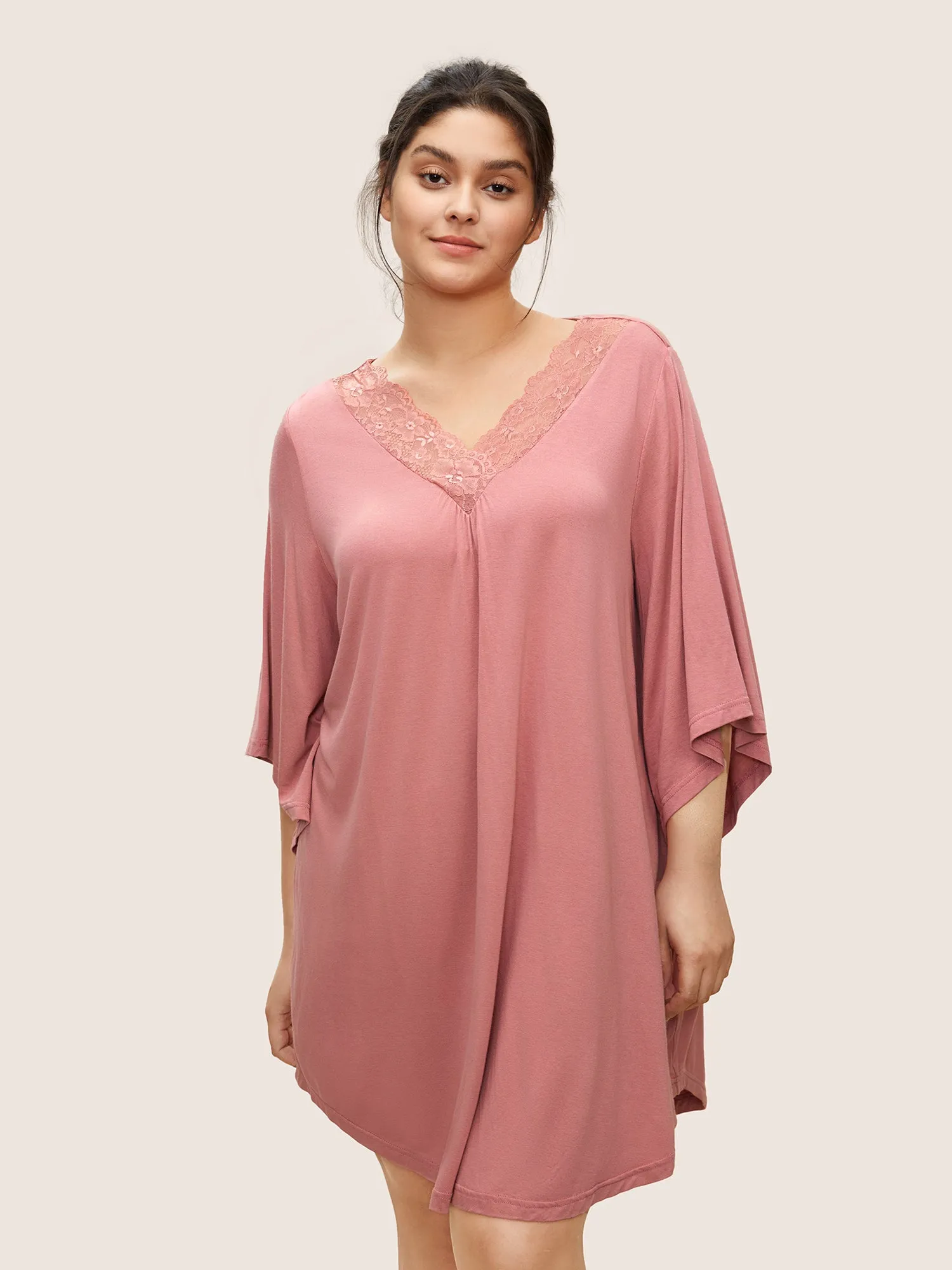 Lace Panel Bell Sleeve Arc Hem Sleep Dress sold by Bloomchic